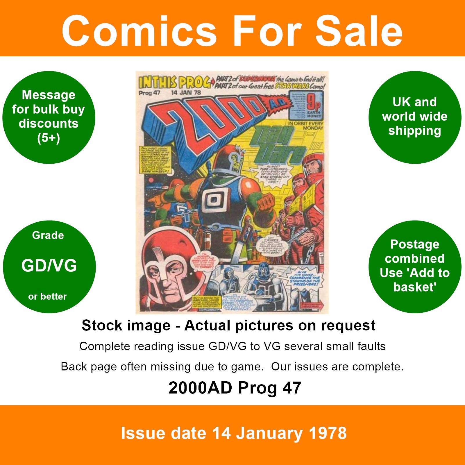 2000AD prog #47 comic - GD/VG - 1st Visible Man - Bolland - 1978