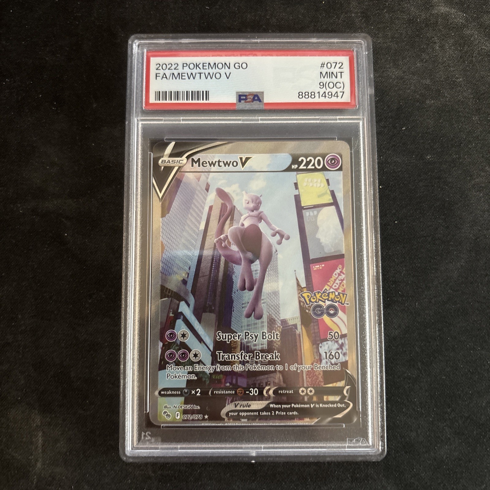 POP 28 Mewtwo V (AlternateFullArt)072/078 Pokémon GO, Graded PSA 9 (OC) MISPRINT
