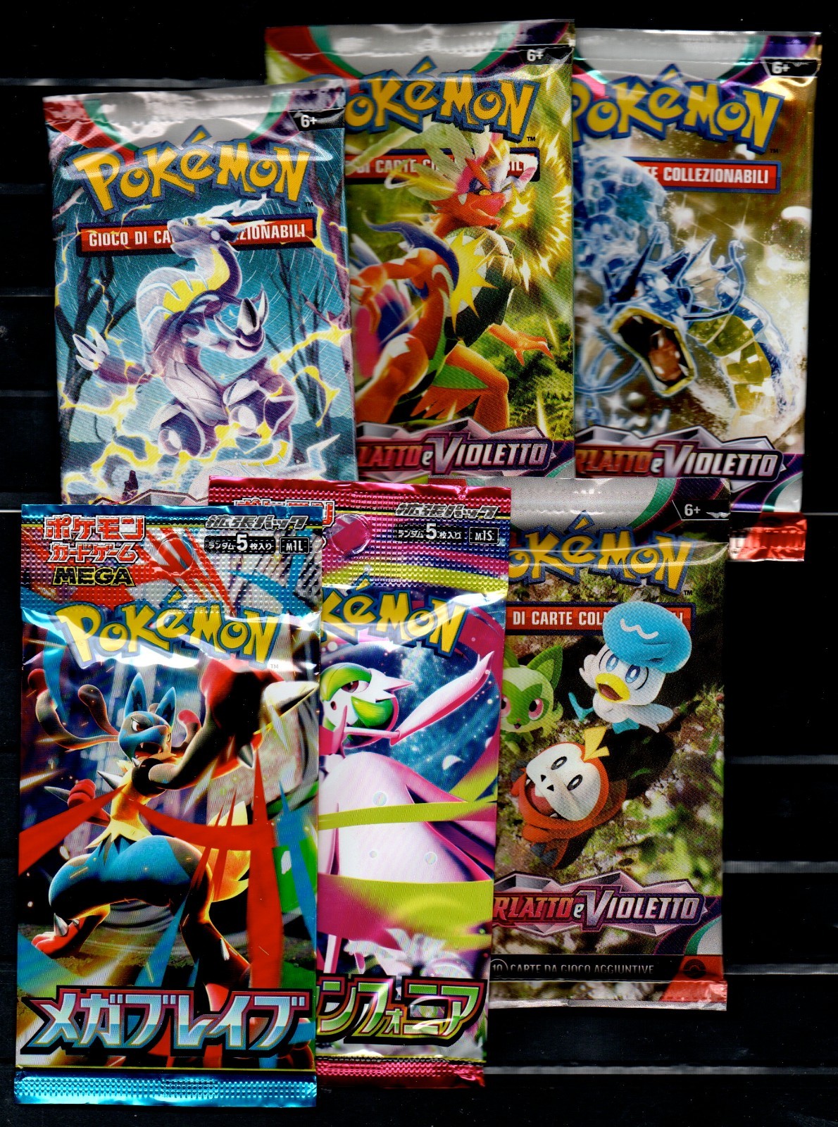 6 bustine Pokemon di cui 4 Scarlatto e Violetto e 2 Megaevoluzioni Jap