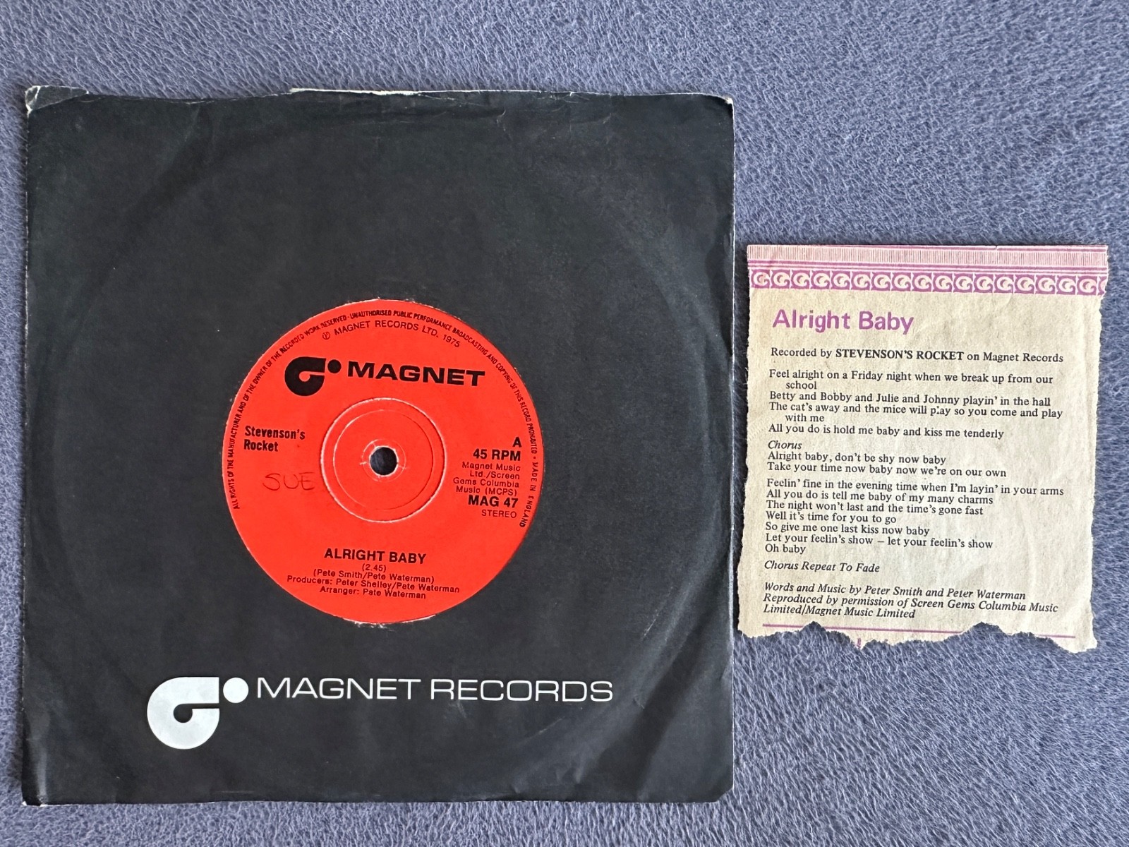 Stevensons Rocket - Alright Baby PLUS LYRICS - 1975 Vinyl 7" Single Magnet AN765