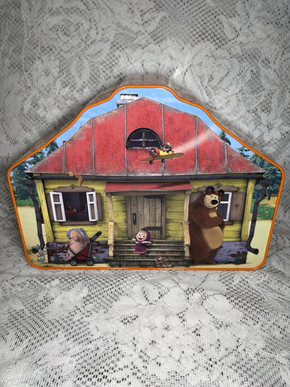 Masha and The Bear Play Set Tin Folding Play House Only Orange Metal Hinged Box