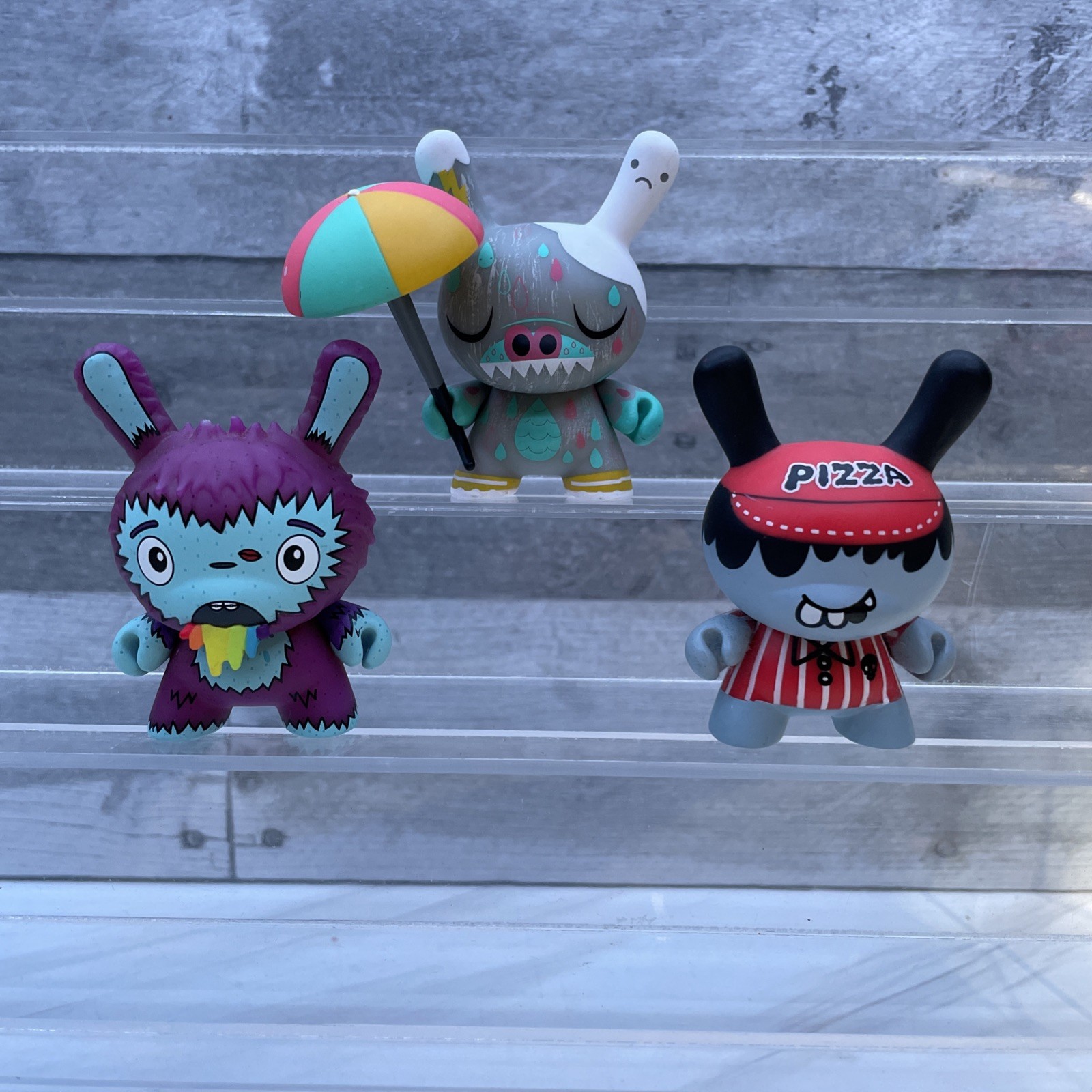 3 Kidrobot Dunny 3”Vinyl Toy Collection Lovesick/Mad PizzaBoy/Tyrainysaurus Rex