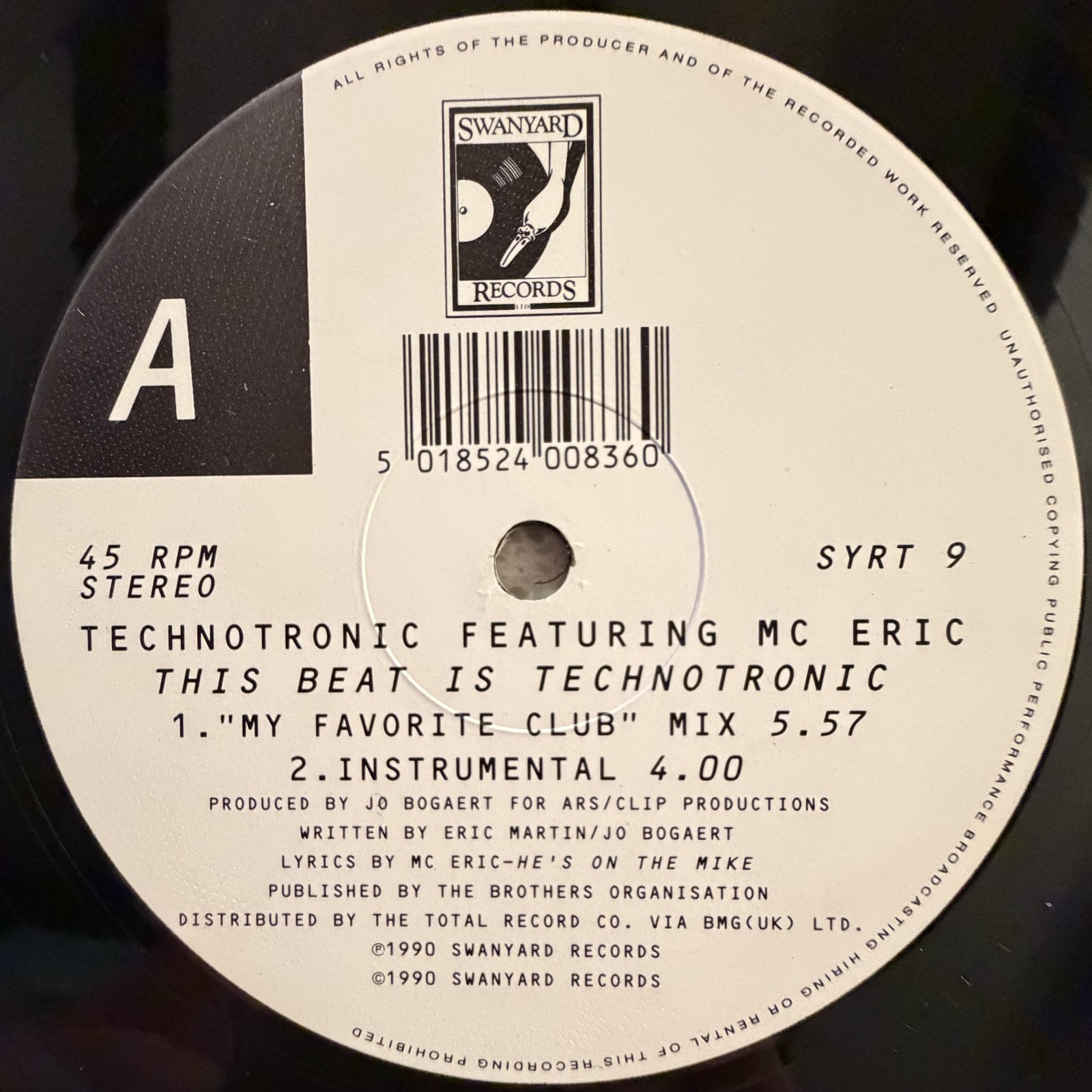 Technotronic feat. MC Eric - This Beat Is Technotronic 12" Swanyard 1990 45 RPM