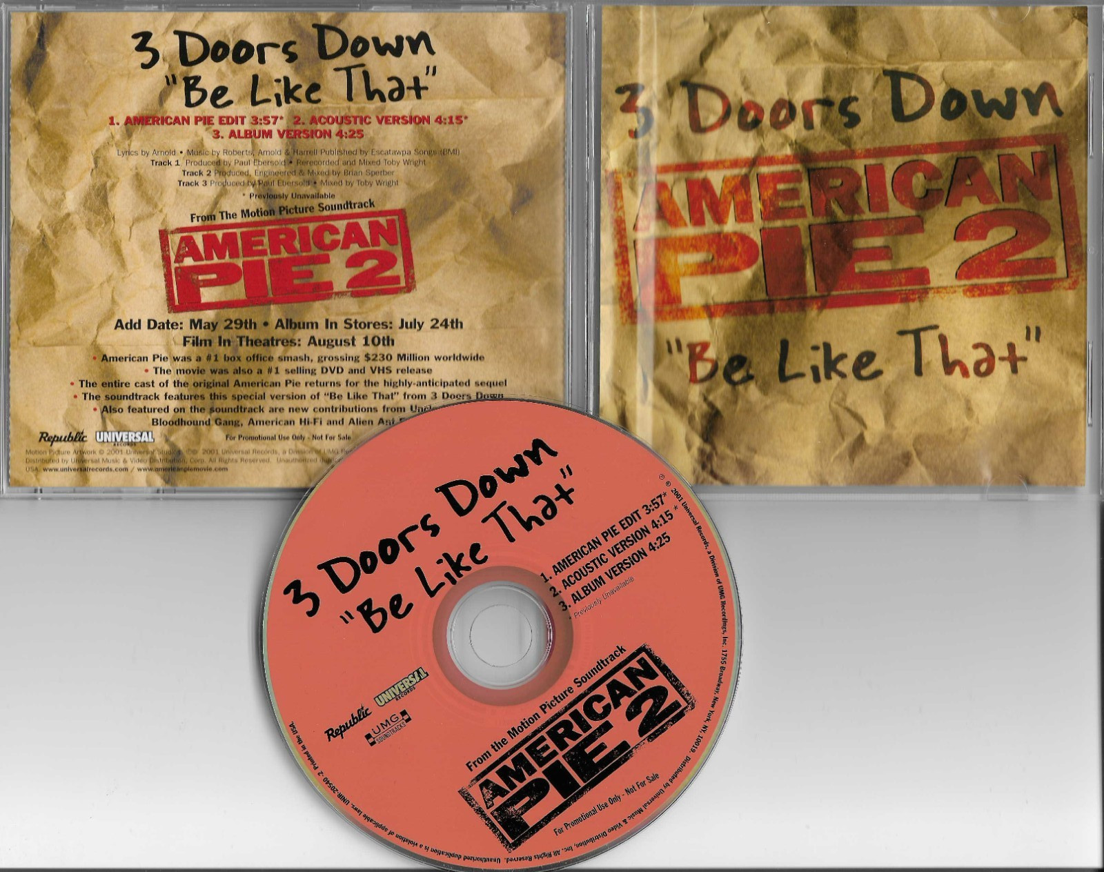 3 DOORS DOWN Be Like That w/ RARE ACOUSTIC TTK PROMO DJ CD  Single Three