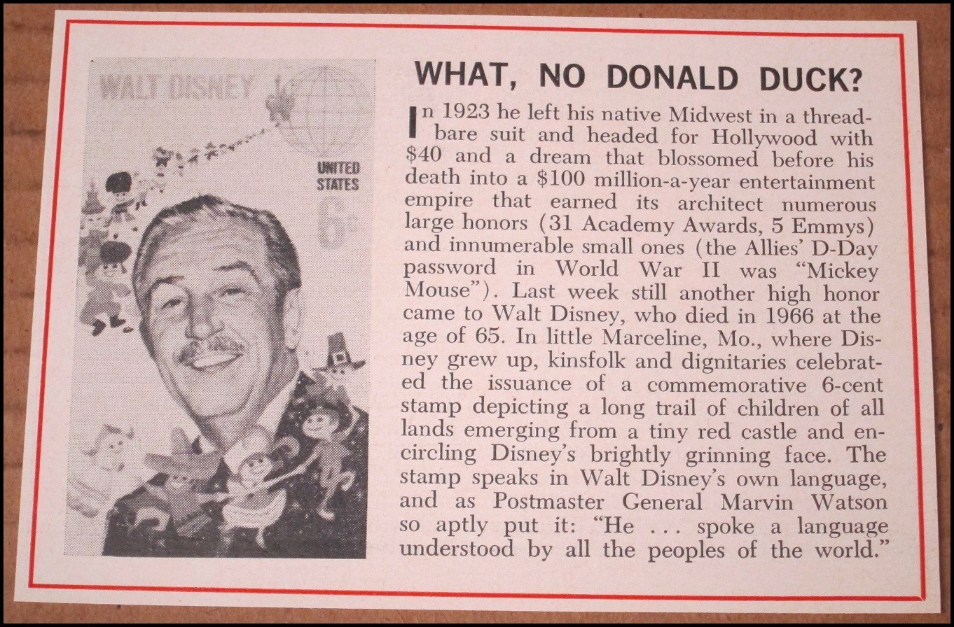 1968 Walt Disney Francobollo 6 Centesimi Newsweek Ritaglio Articolo 5"x3,5" World Land US