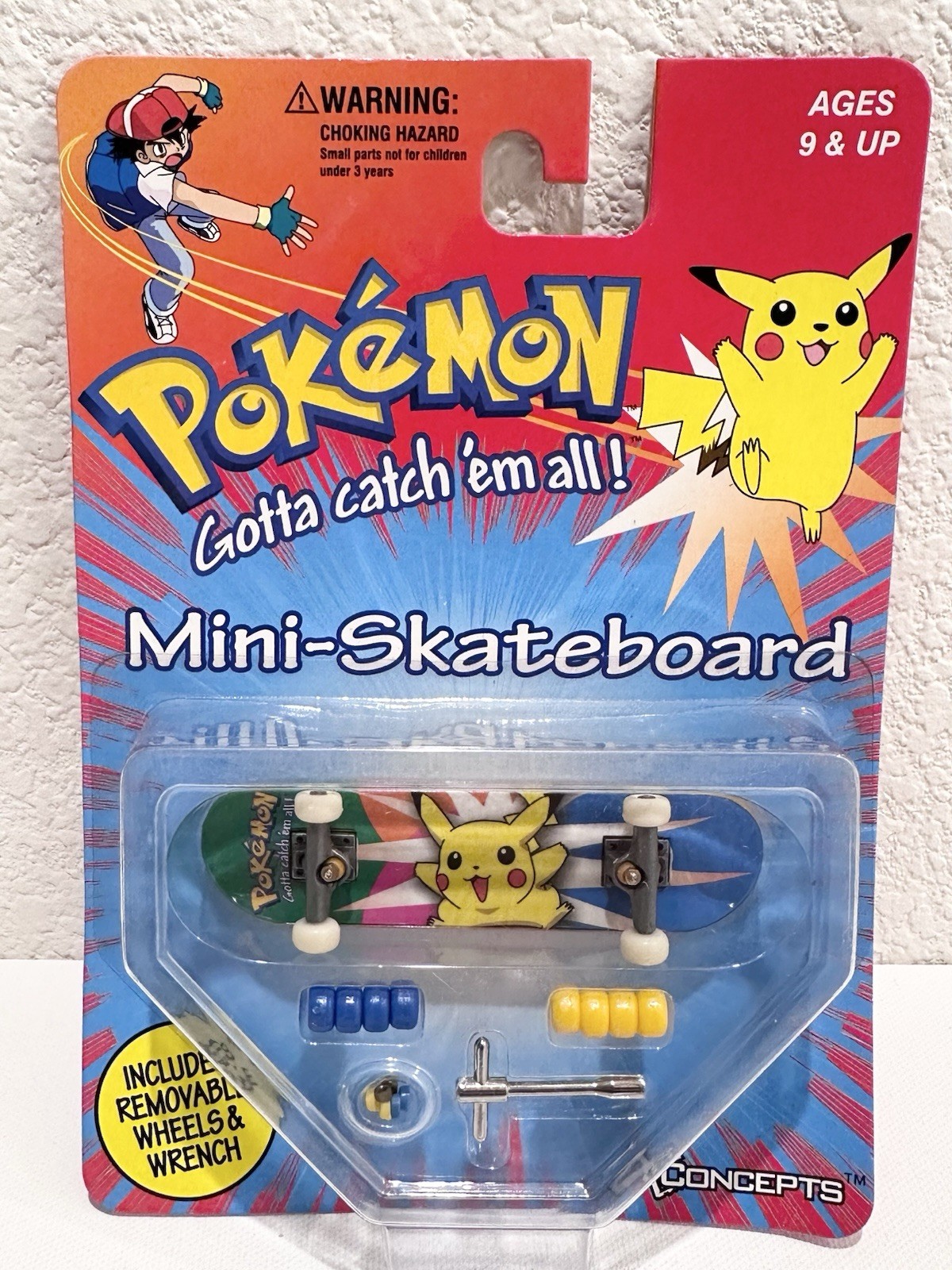 Vintage 1999 Pokemon X-Concepts Mini Skateboard Fingerboard PIKACHU NUOVO MAI USATO