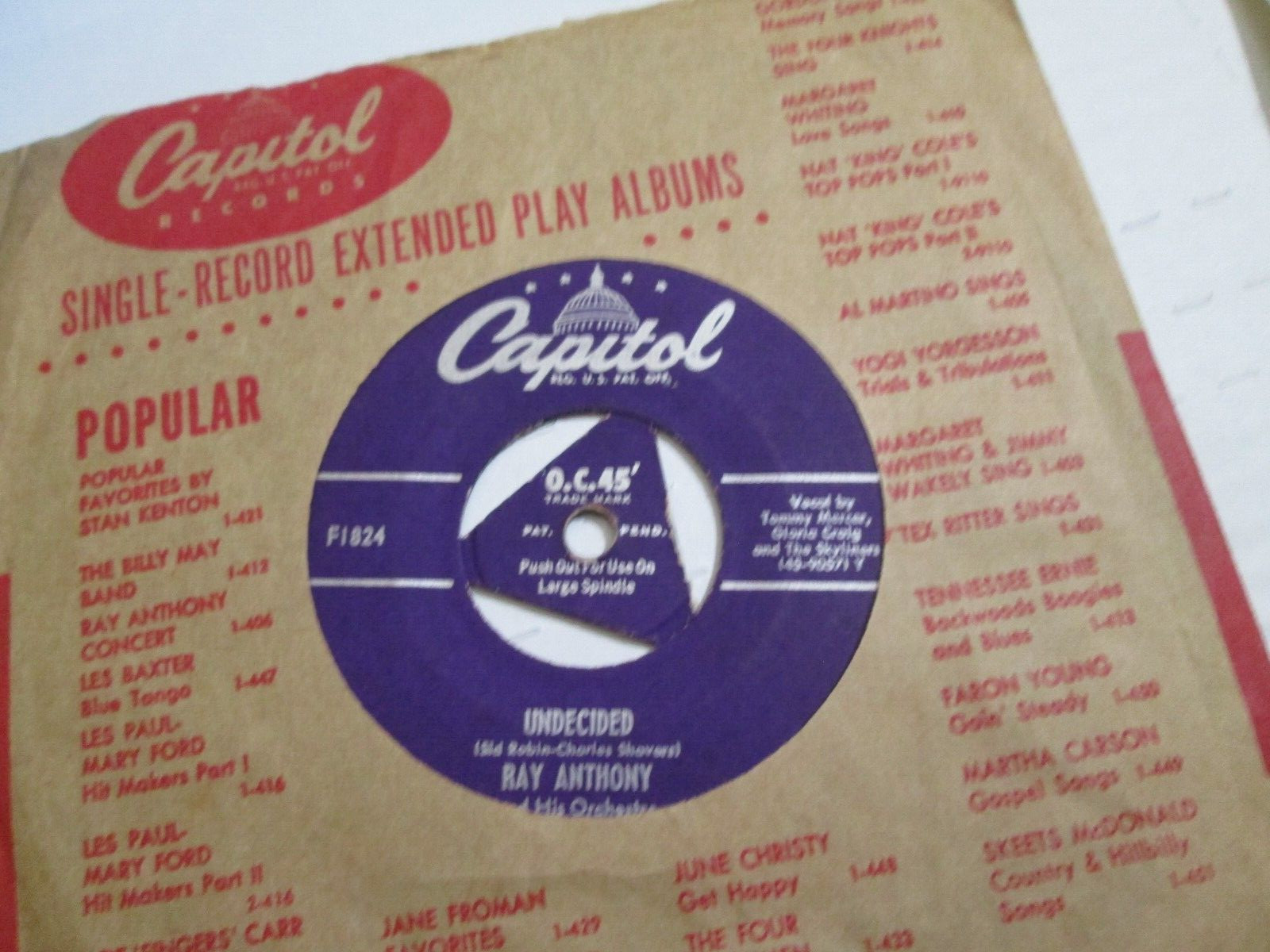 RAY ANTHONY 45 TRI CENTER CAPITOL F1824 UNDECIDED / JUST A MOMENT MORE EXCELLENT