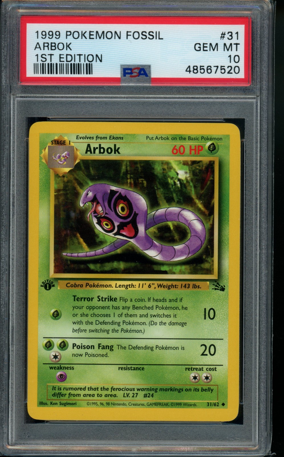 Pokemon Fossil Arbok 1ª Edizione #31 PSA 10