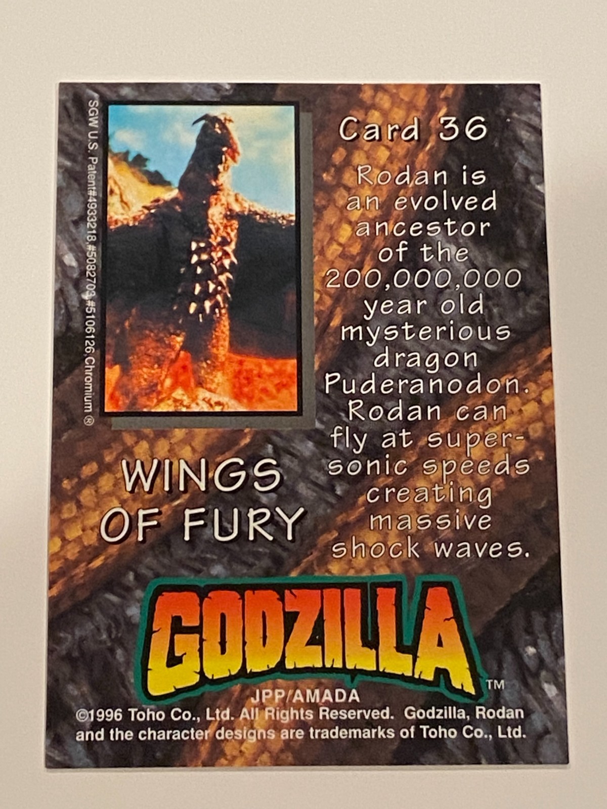 1996 JPP AMADA *GODZILLA CHROMIUM* CARD #36 WINGS OF FURY ~COME NUOVA