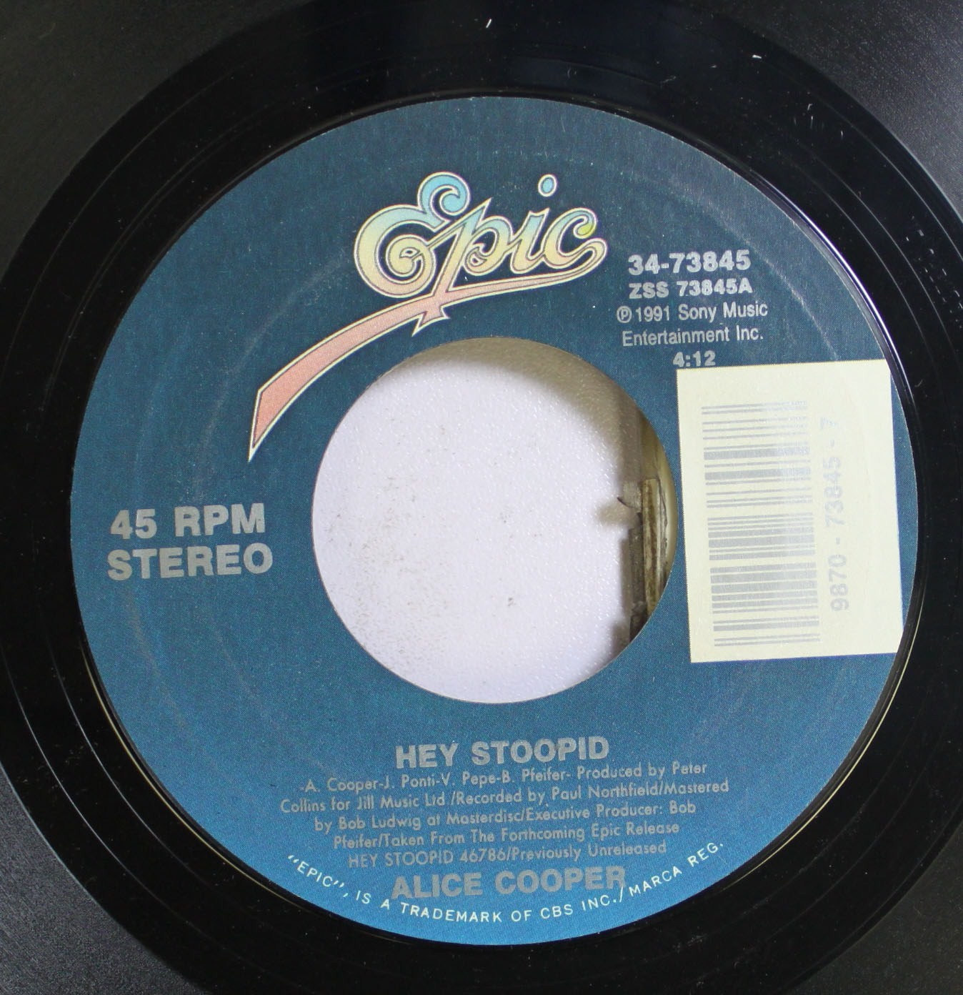 Alice Cooper Rock 45 RPM 7" Vinyl Single - HEY STOOPID