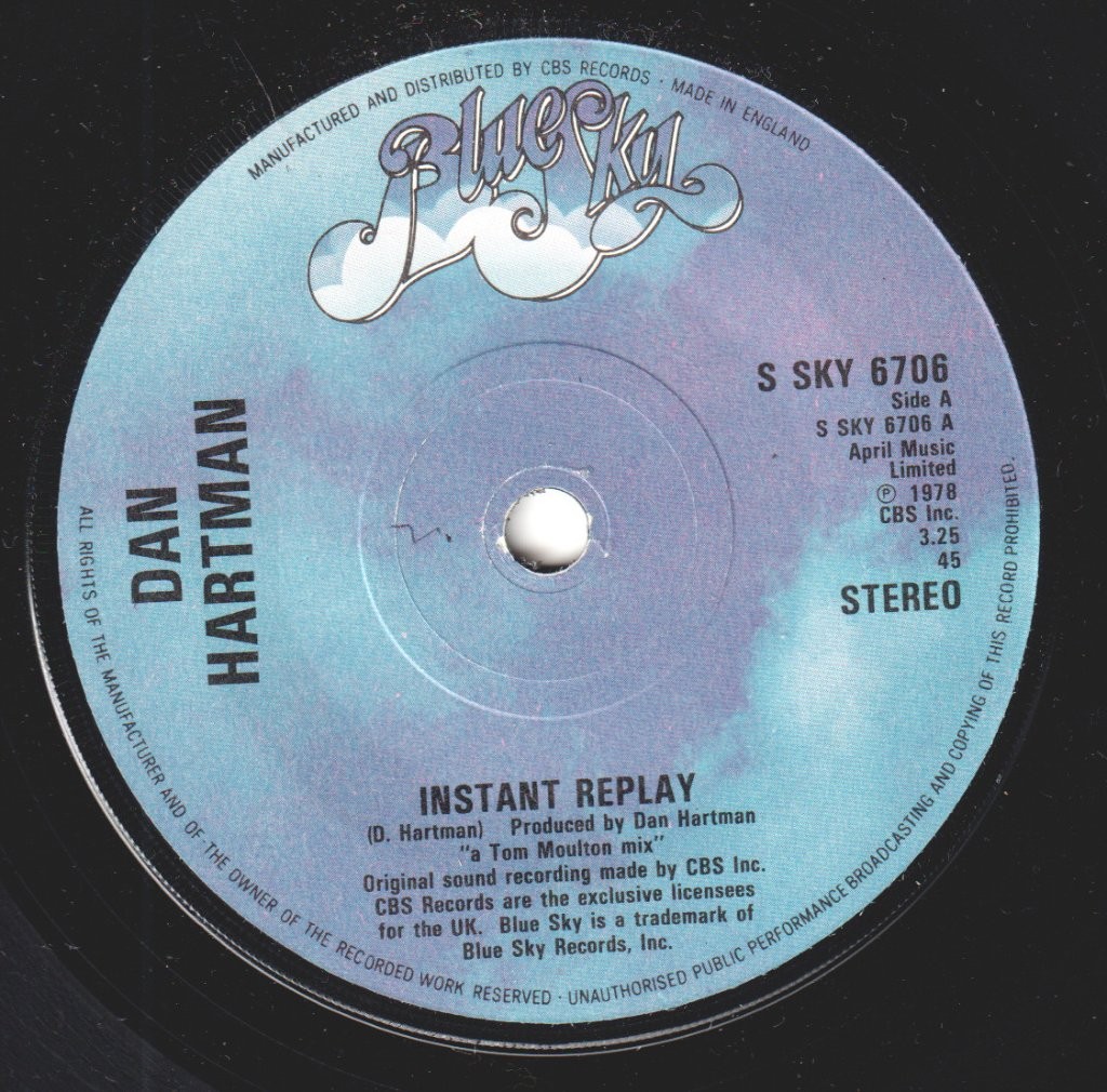 Dan Hartman Instant Replay 7" vinyl UK Blue Sky 1978 solid paper label design