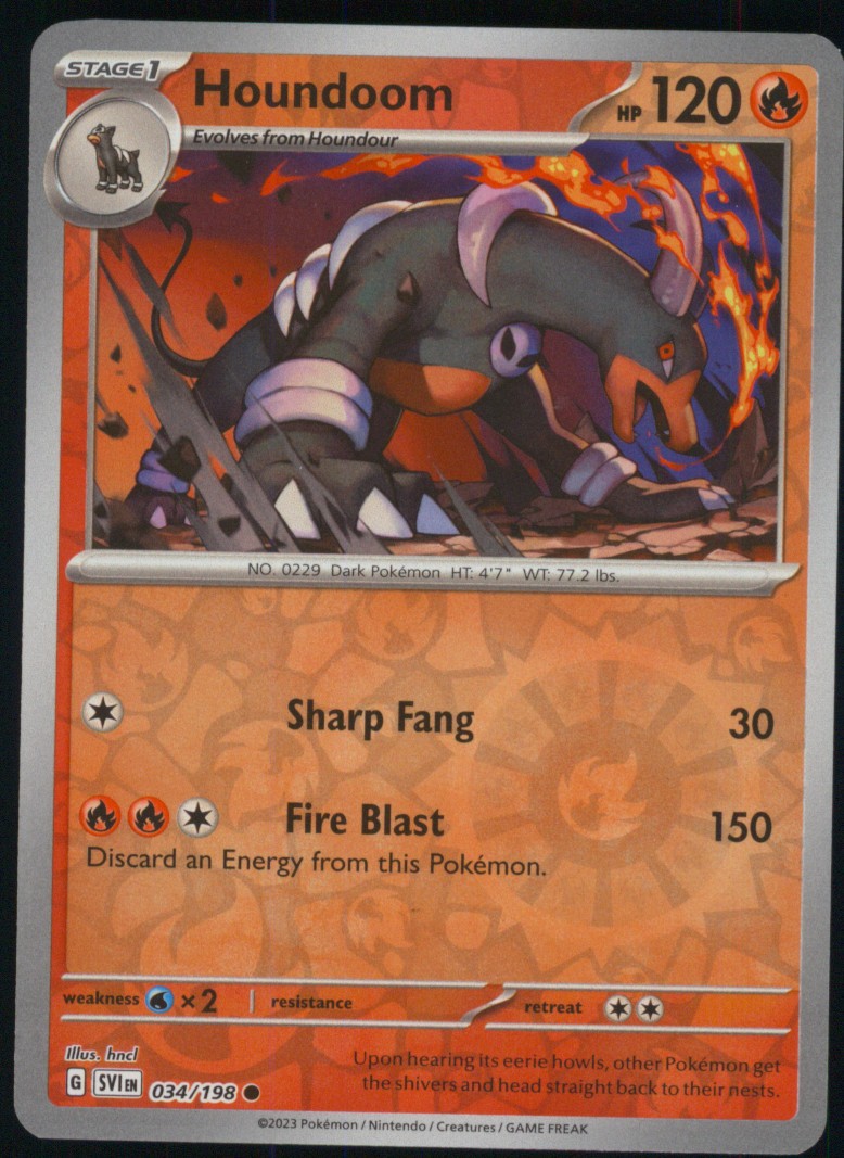 Houndoom 034/198 Pokemon comune scarlatto e viola olografico inverso quasi nuovo