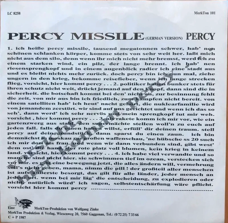 Single Percy - Percy Missile. Original Pressung 1987