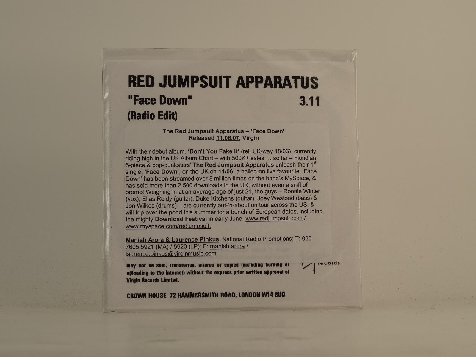 RED JUMPSUIT APPARATUS FACE DOWN (D80) 1 Track Promo CD Single including White S