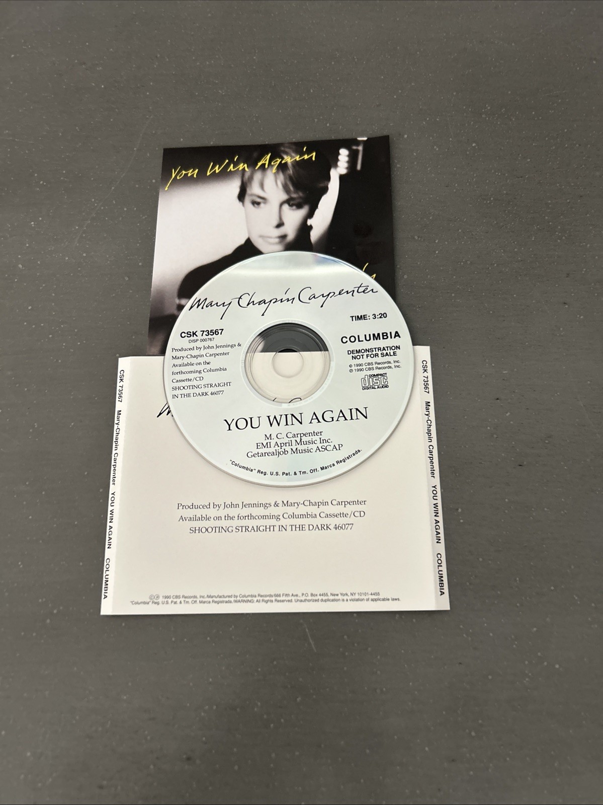 Mary Chapin Carpenter You Win Again 1990 CD Single Promo CD & Inlay Only No Case