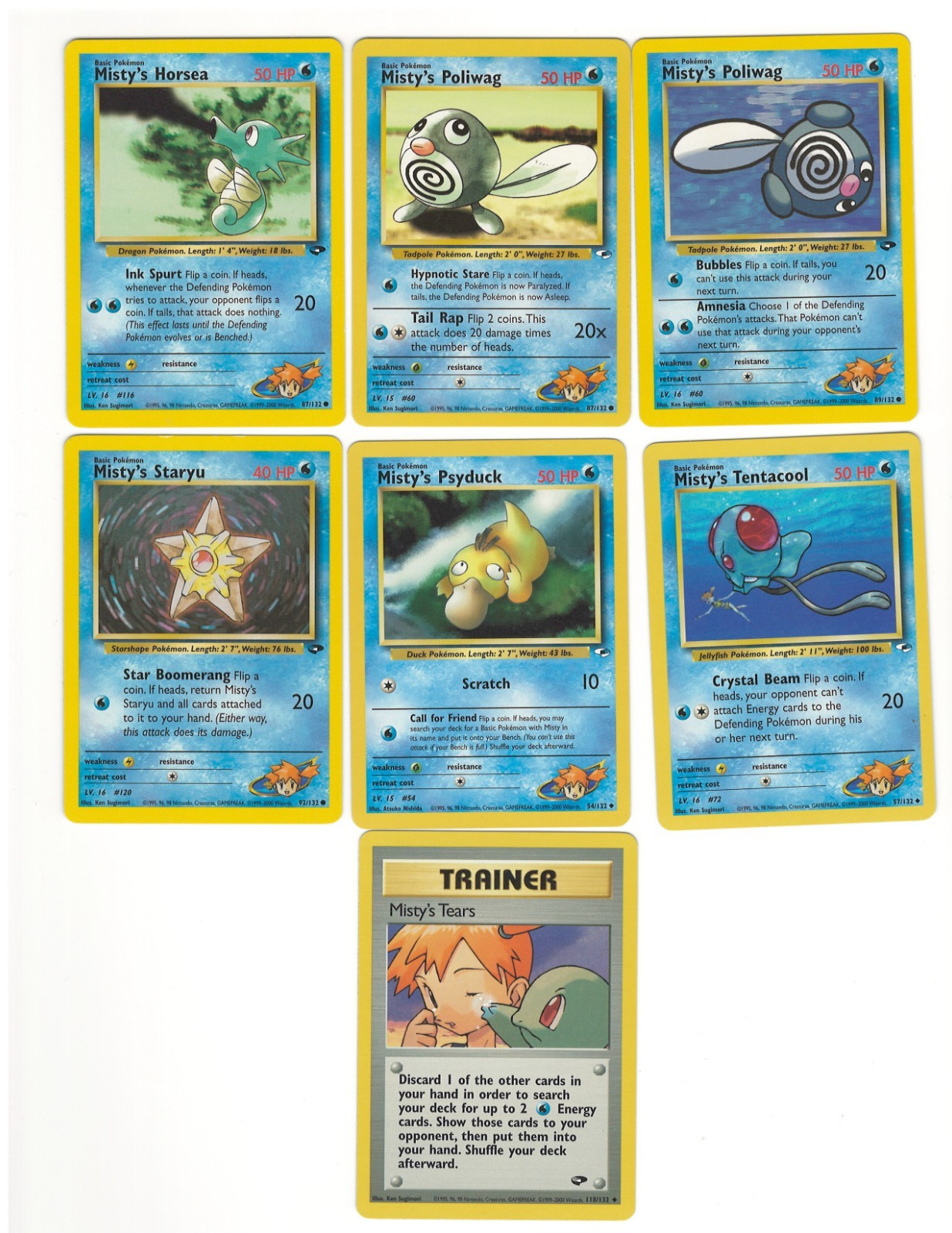 Lotto 7 carte Pokemon TCG Misty's Tears Psyduck 2000 sfida eroi palestra vintage