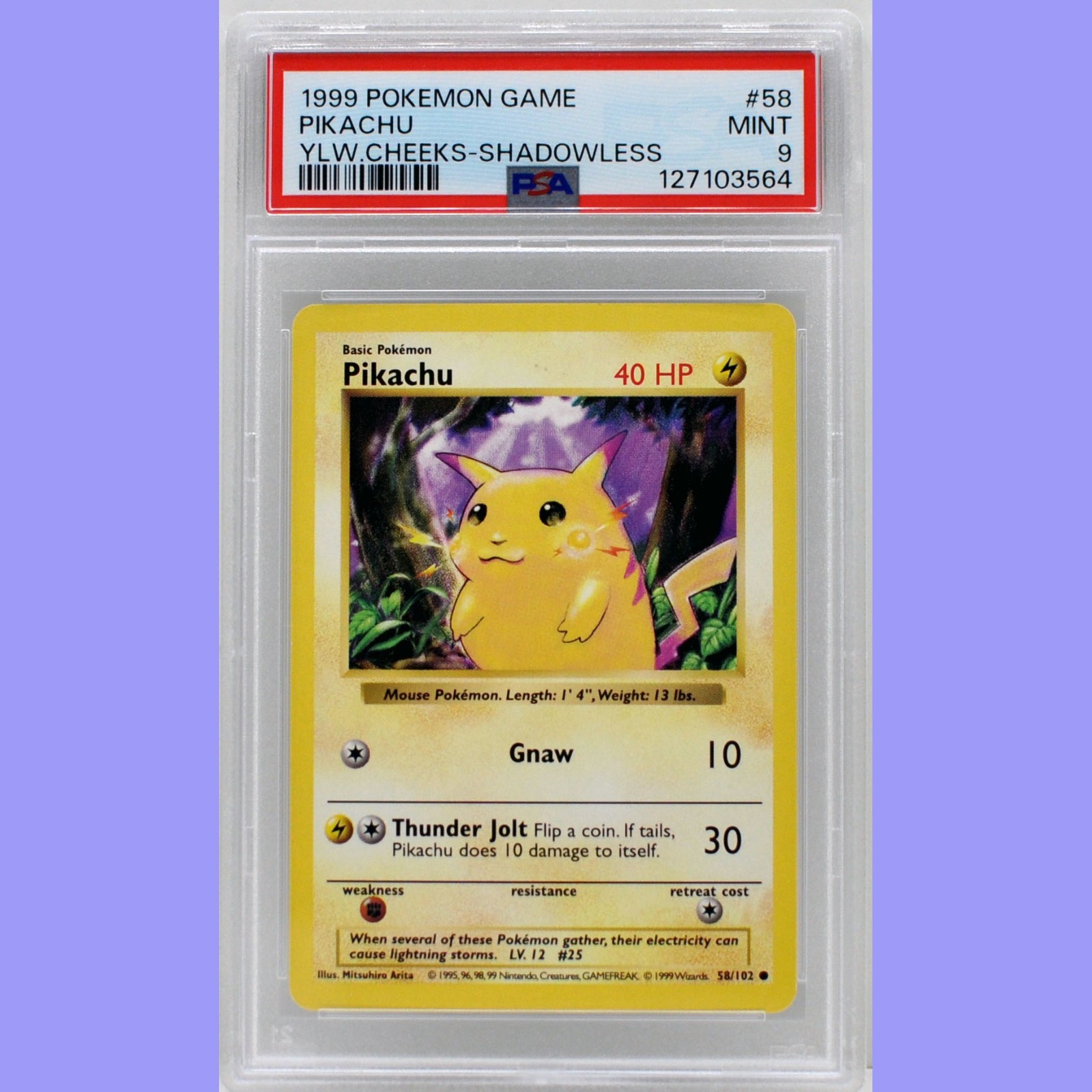 Pokemon Set Base Shadowless Pikachu Guance Gialle 58/102 PSA 9 OTTIME CONDIZIONI