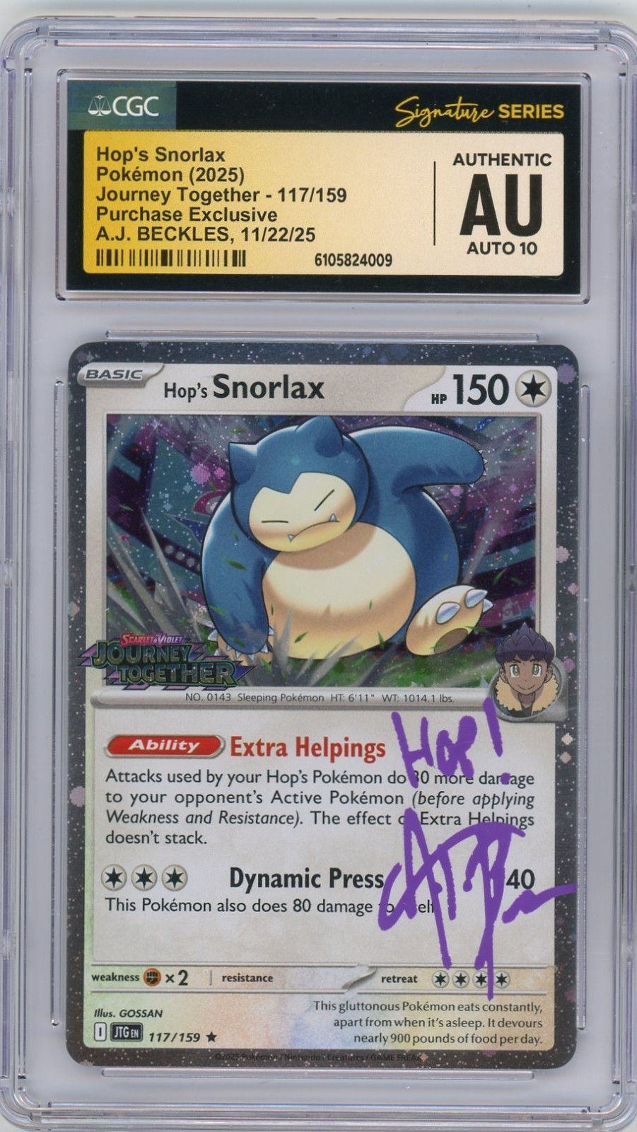 CGC AUTH AUTO 10 AJ Beckles SIGNED Hop's Snorlax - Stamped Cosmos Holo 117/159
