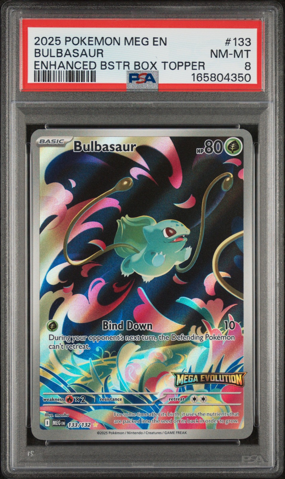 2025 Pokemon Mega Evolutions Bulbasaur Enhanced Booster Stamped 133/132 PSA 8