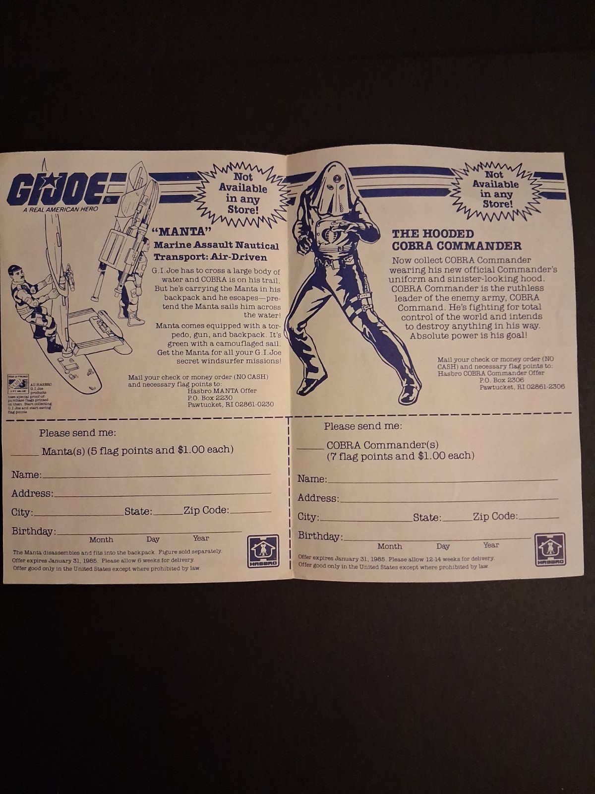 Modulo ordine postale vintage 1985 GI Joe con cappuccio Cobra Commander / MANTA