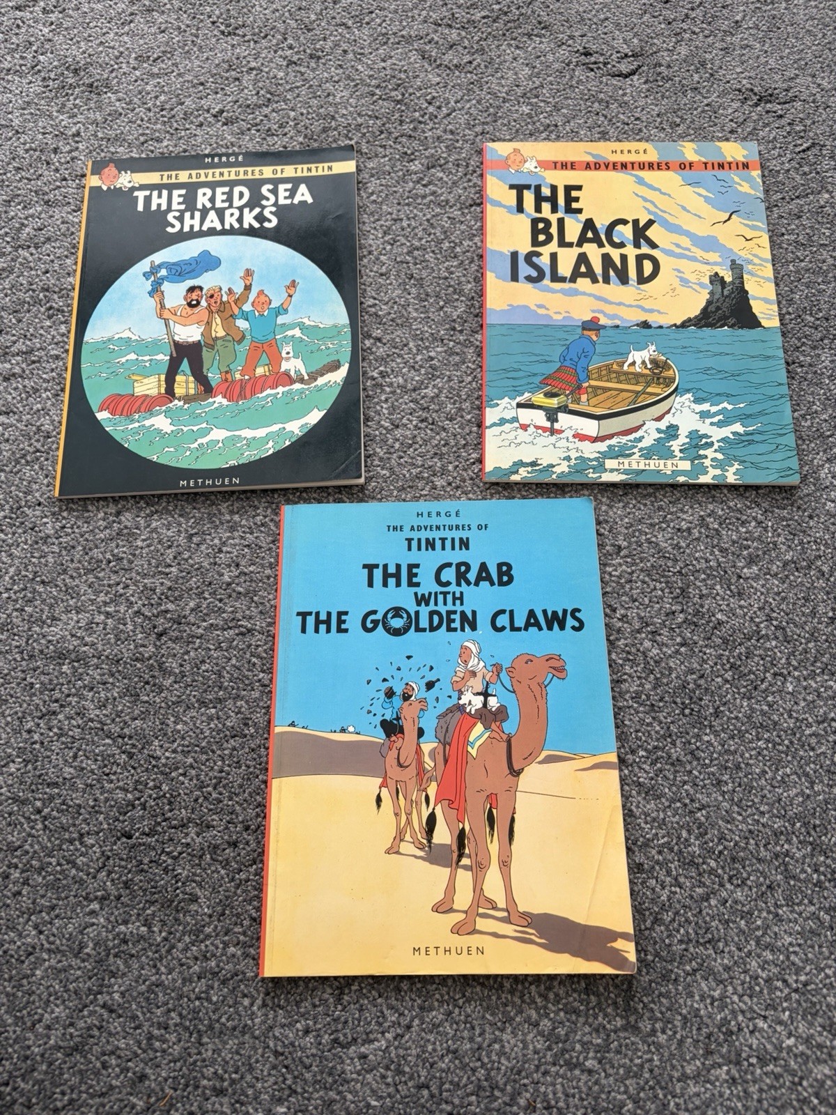 Vintage Tintin Books x3 Hergé Methuen Red Sea Sharks Black Island Crab 1976