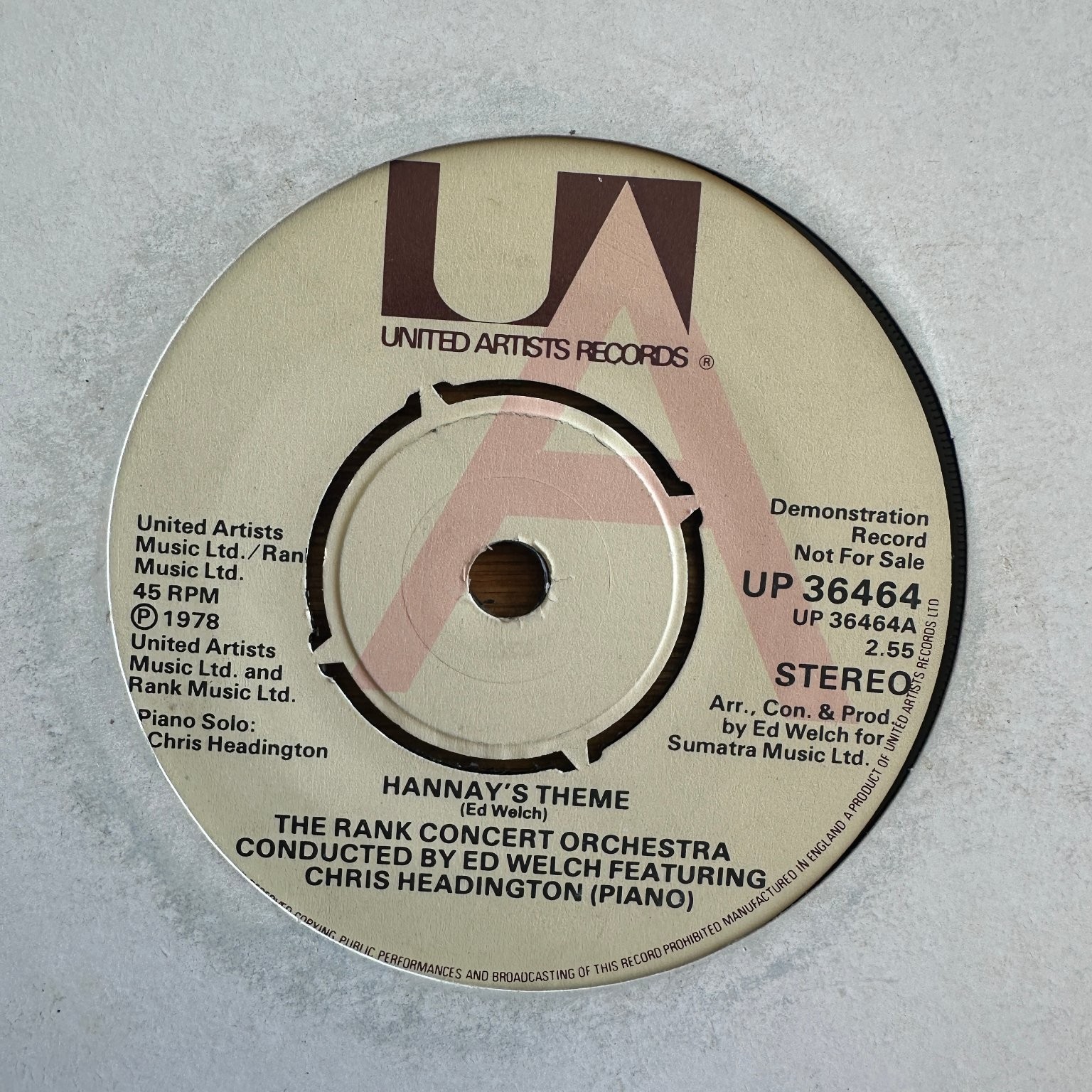 Rank Concert Orchestra - Hannay's Theme 7" PROMO Single 1978 UA Soundtrack 45