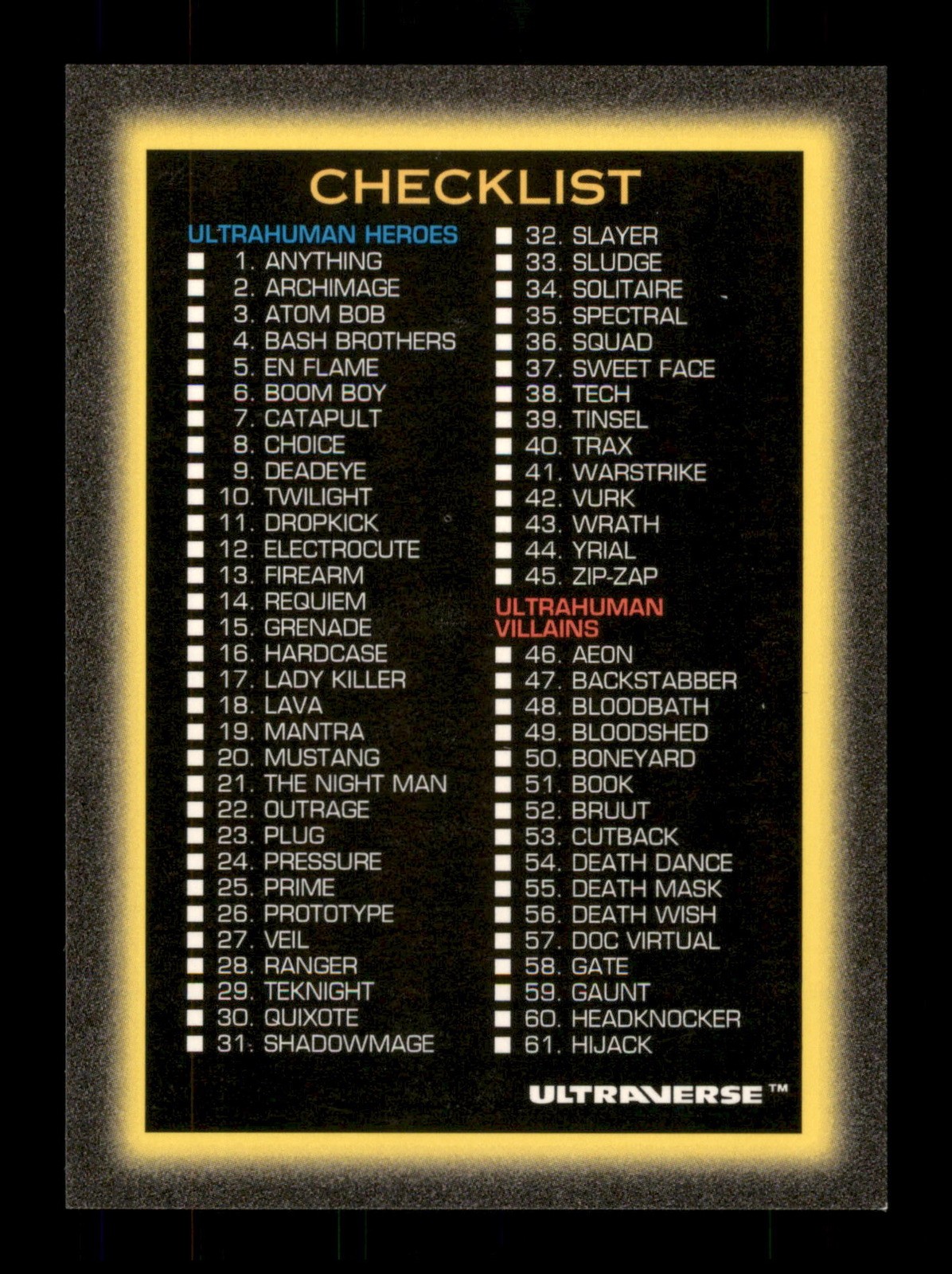 100 Checklist 1993 Ultraverse SkyBox Trading Card TCG CCG