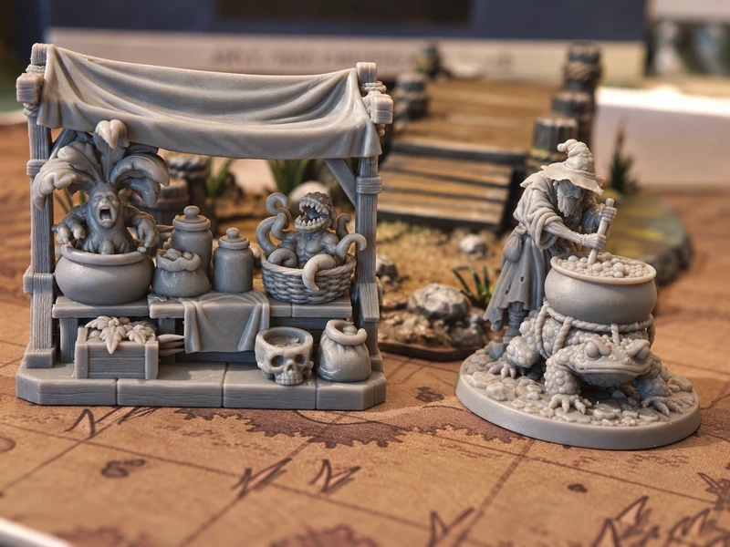 Figurines Alchimiste et son Étal en Résine - Set - Jdr D&D, Pathfinder - 28mm Miniature