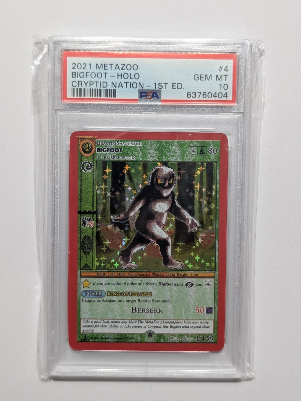 2021 Metazoo Bigfoot Holo Psa 10 #4 Poncho Cryptid Nation 1° Edizione Sasquatch