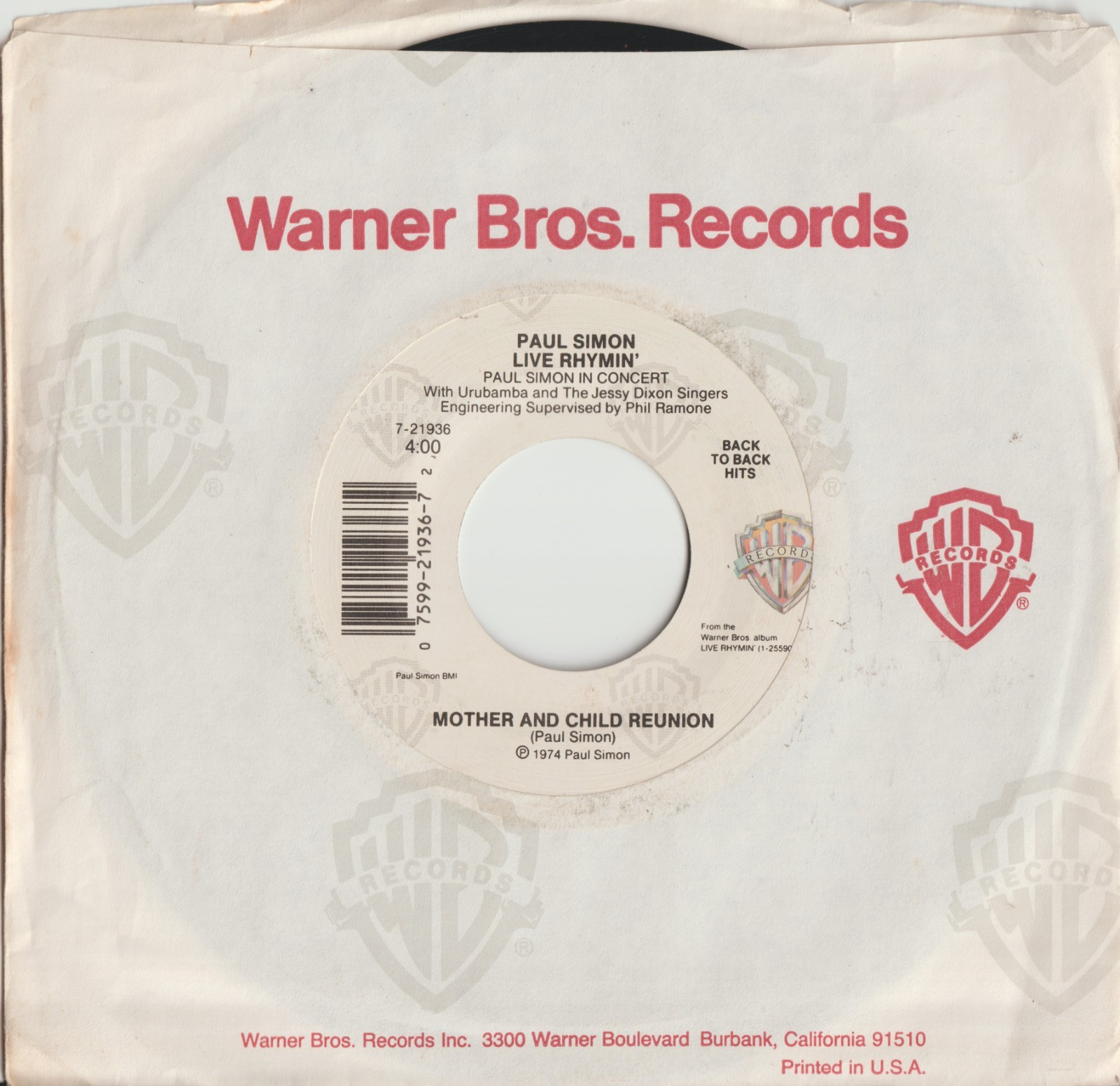 Paul Simon – Mother And Child Reunion - Warner Bros - 7-21936 *USA*