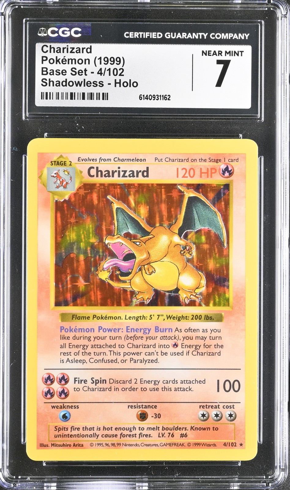 CGC 7 NEAR MINT Charizard 4/102 Set Base Carta Pokemon Holo Senza Ombre