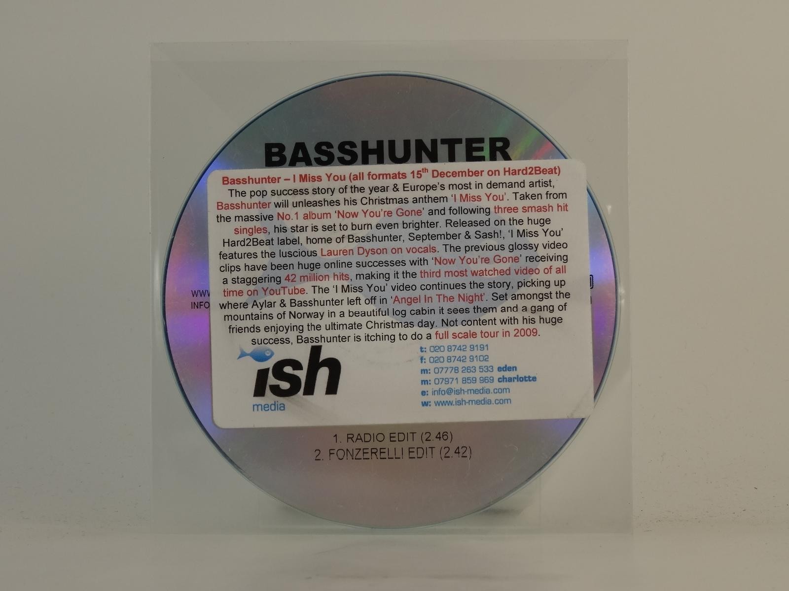 BASSHUNTER I MISS YOU (H1) 2 Track Promo CD Single plus Plastic Sleeve HARD2BEAT