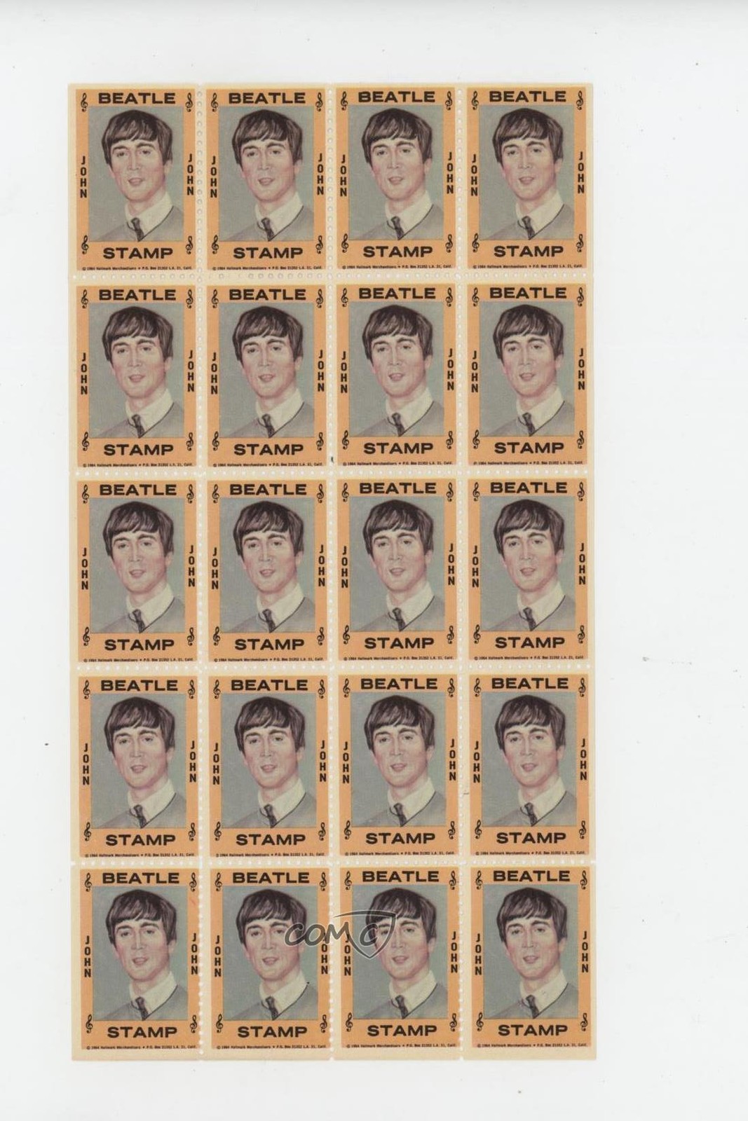 1964 Hallmark Beatles prima edizione francobolli foglio di 20 John Lennon a8a