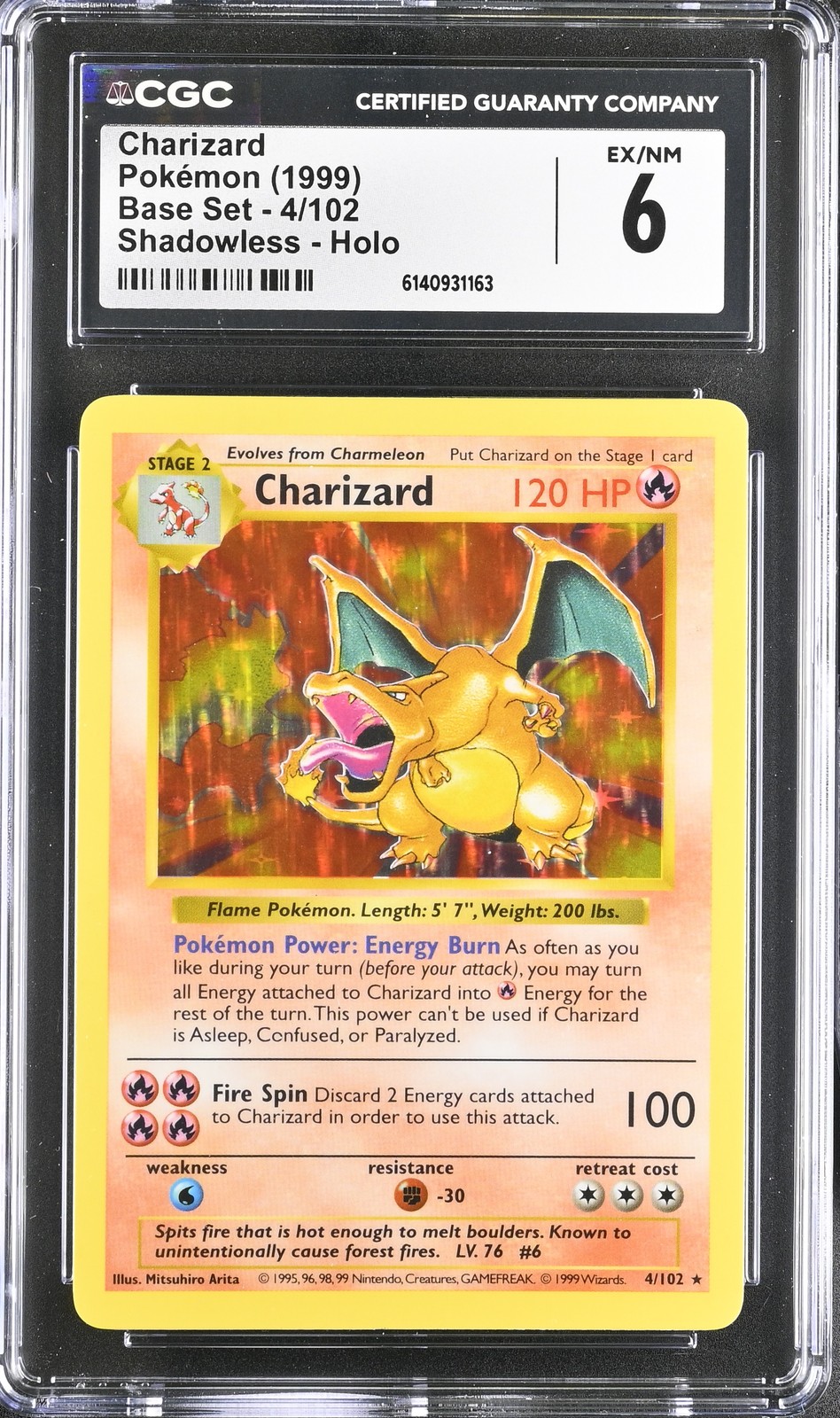 CGC 6 EX/NM Charizard 4/102 Set Base Carta Pokemon Holo Senza Ombre