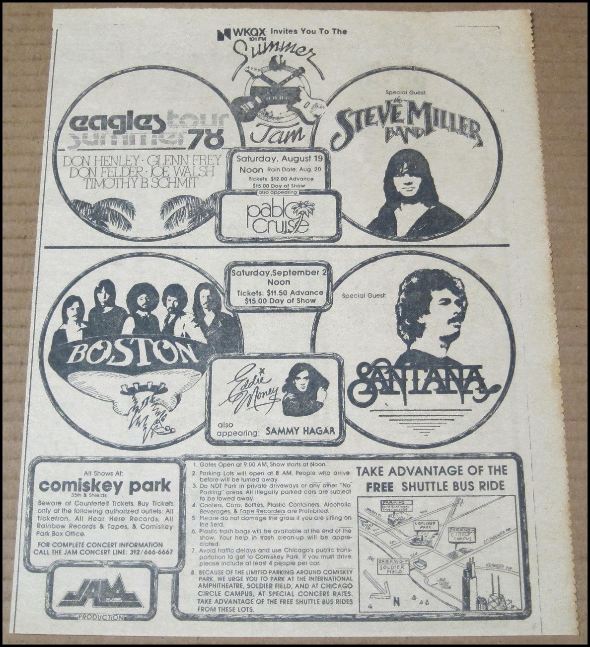 Pubblicità stampa Summer Jam Chicago 1978 The Eagles Boston Santana Steve Miller Band vintage