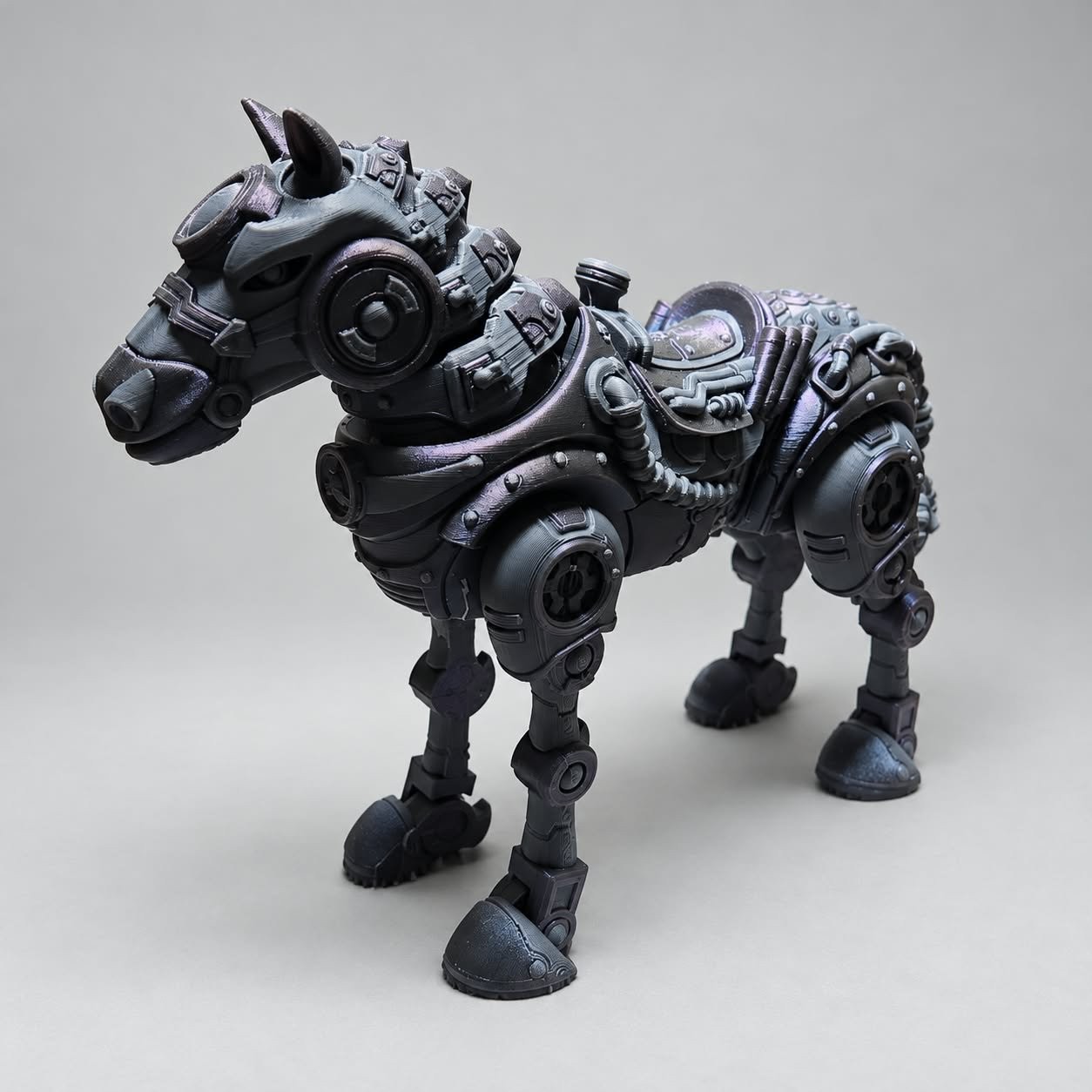 Articulated Steampunk Horse 3D Printed PLA Iridescent Blue Purple Silk Poseable
