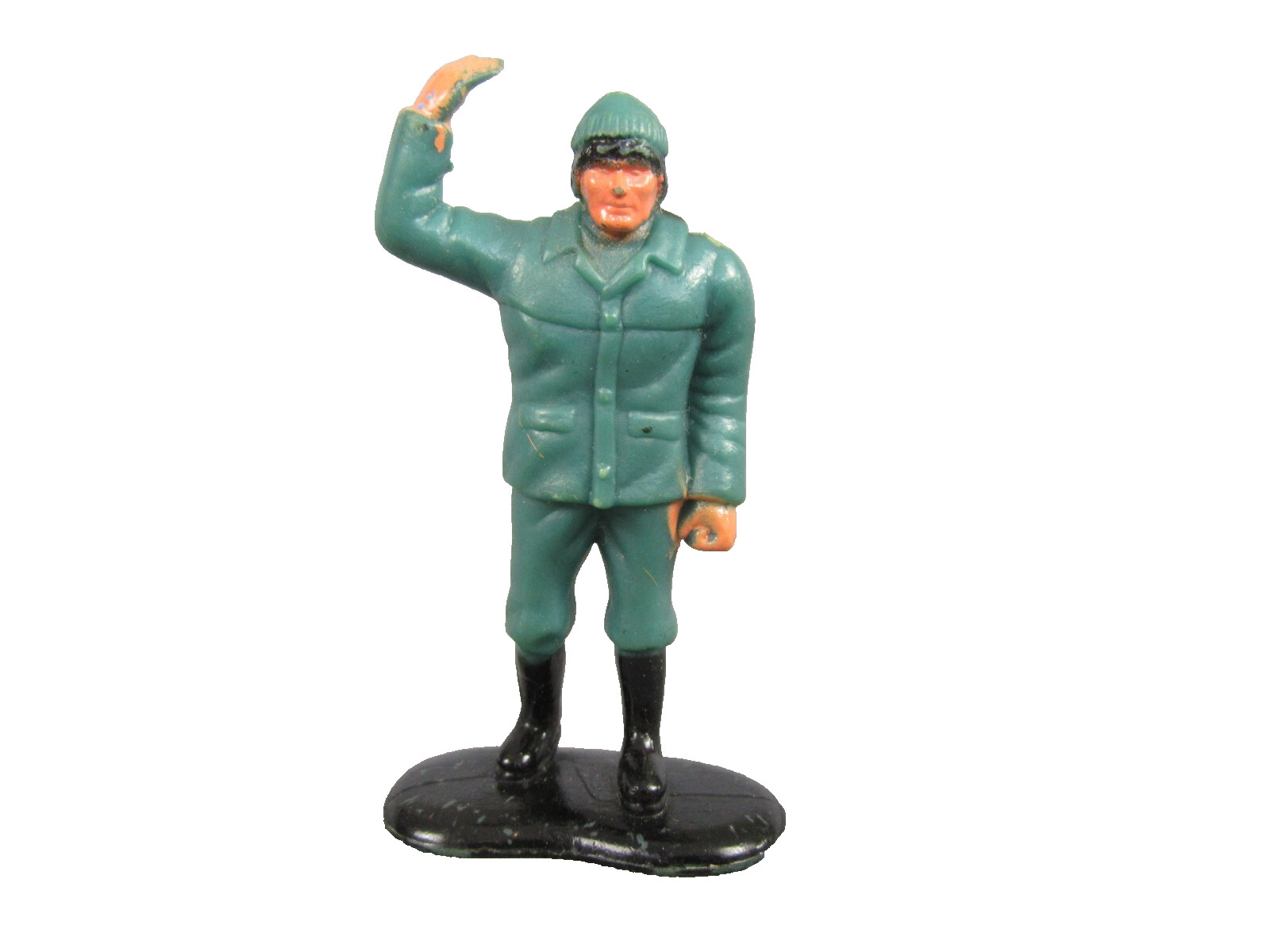 Figurine Homme Debout Bras Levé Bonnet Jouet Plastique Socle H 4.8 cm Vert B719
