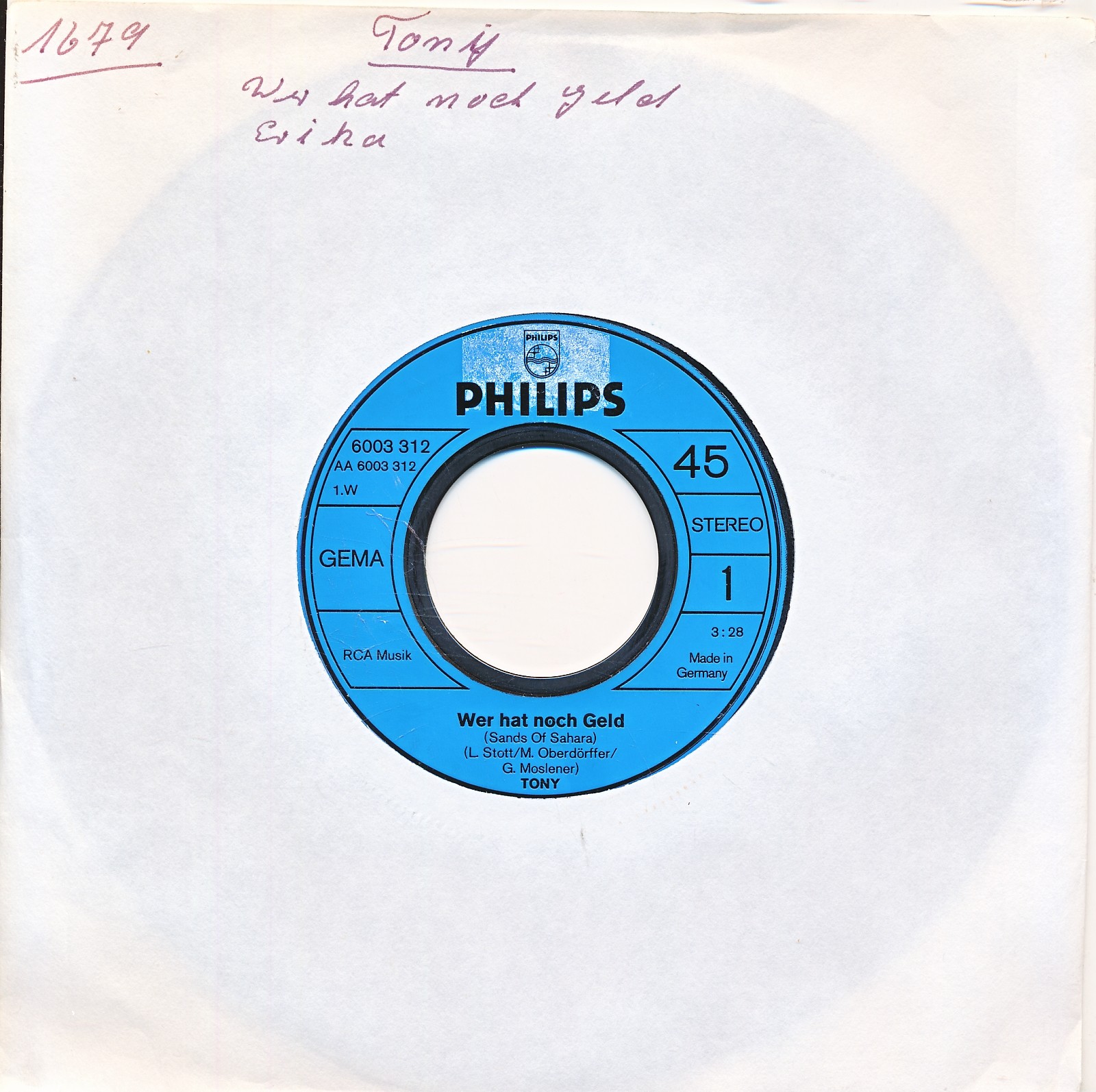 Wer hat noch Geld / Erika - Tony - LC Single 7" Vinyl 294/21