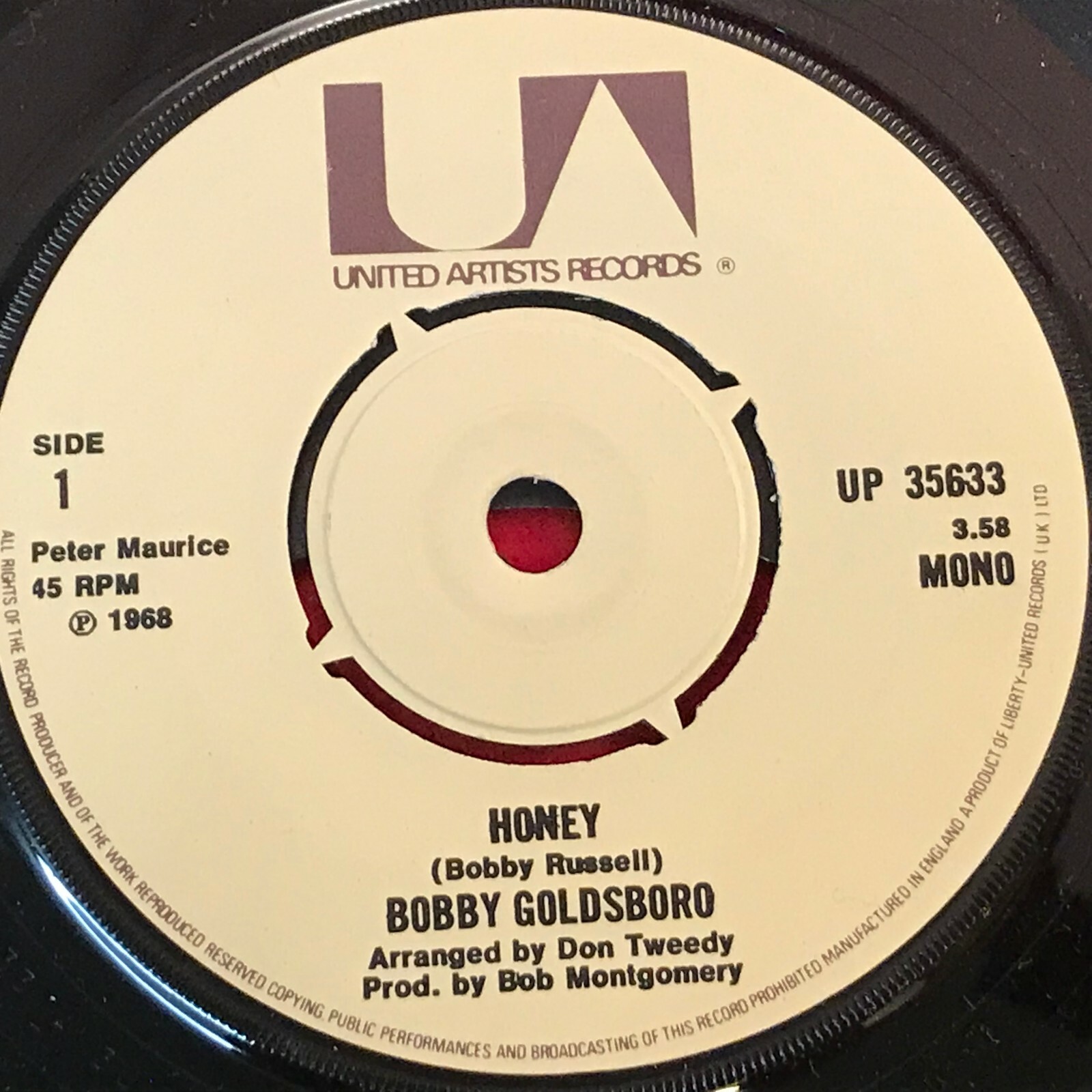 BOBBY GOLDSBORO Honey 1974 UK 7" Vinyl Single united artists record 45