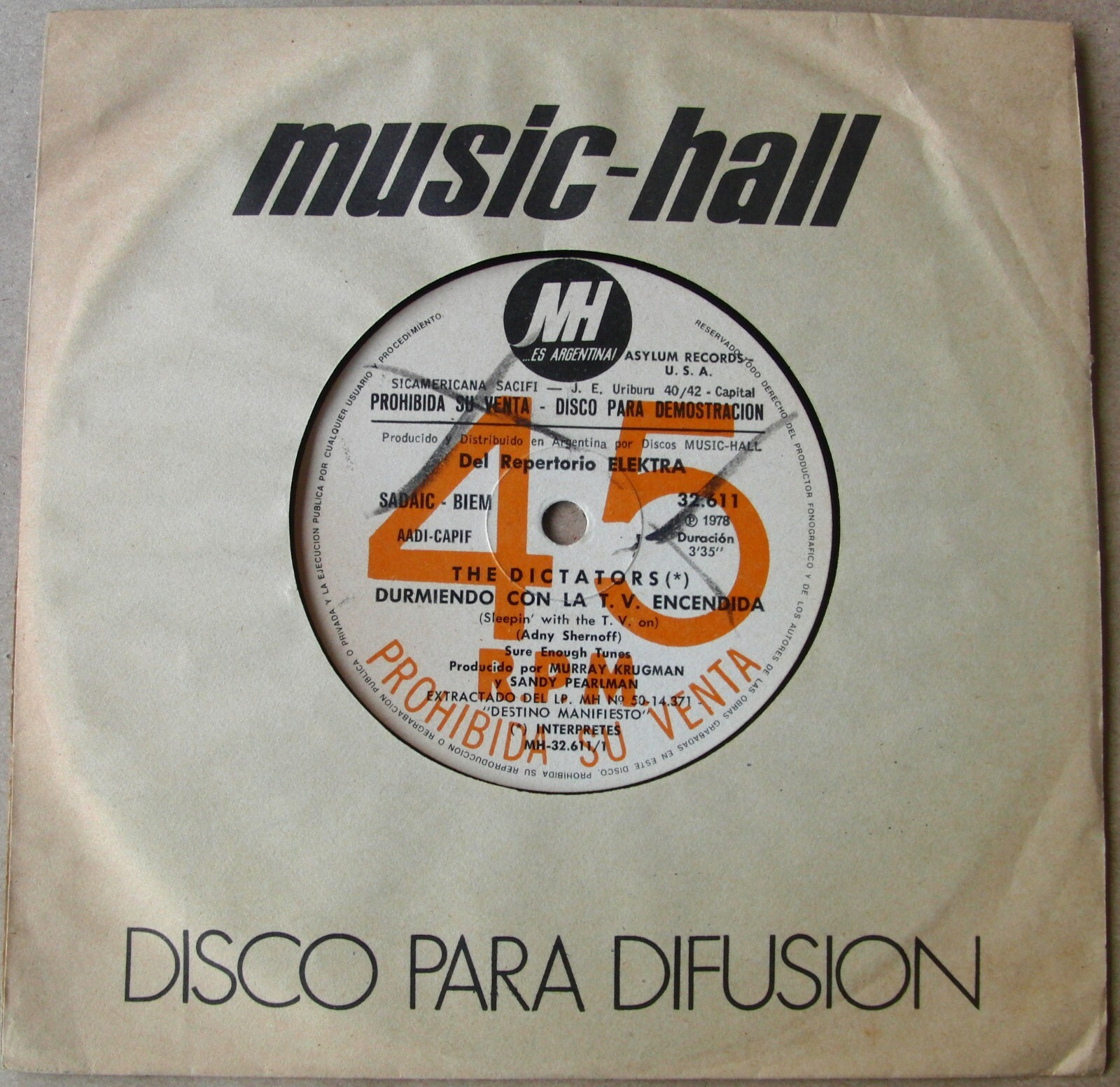 THE DICTATORS 45 PROMO Sleepin' With The TV On TOP Rare SOUTHAMERICA 7" 1978