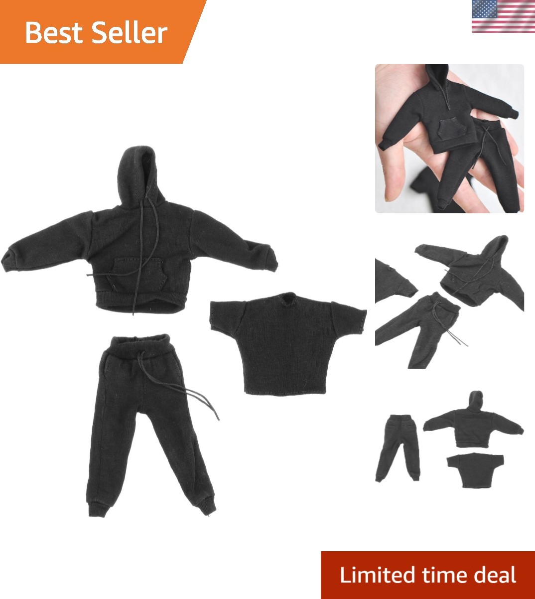 Completo uomo casual con cappuccio e pantaloni scala 1/12 per action figure 6 pollici