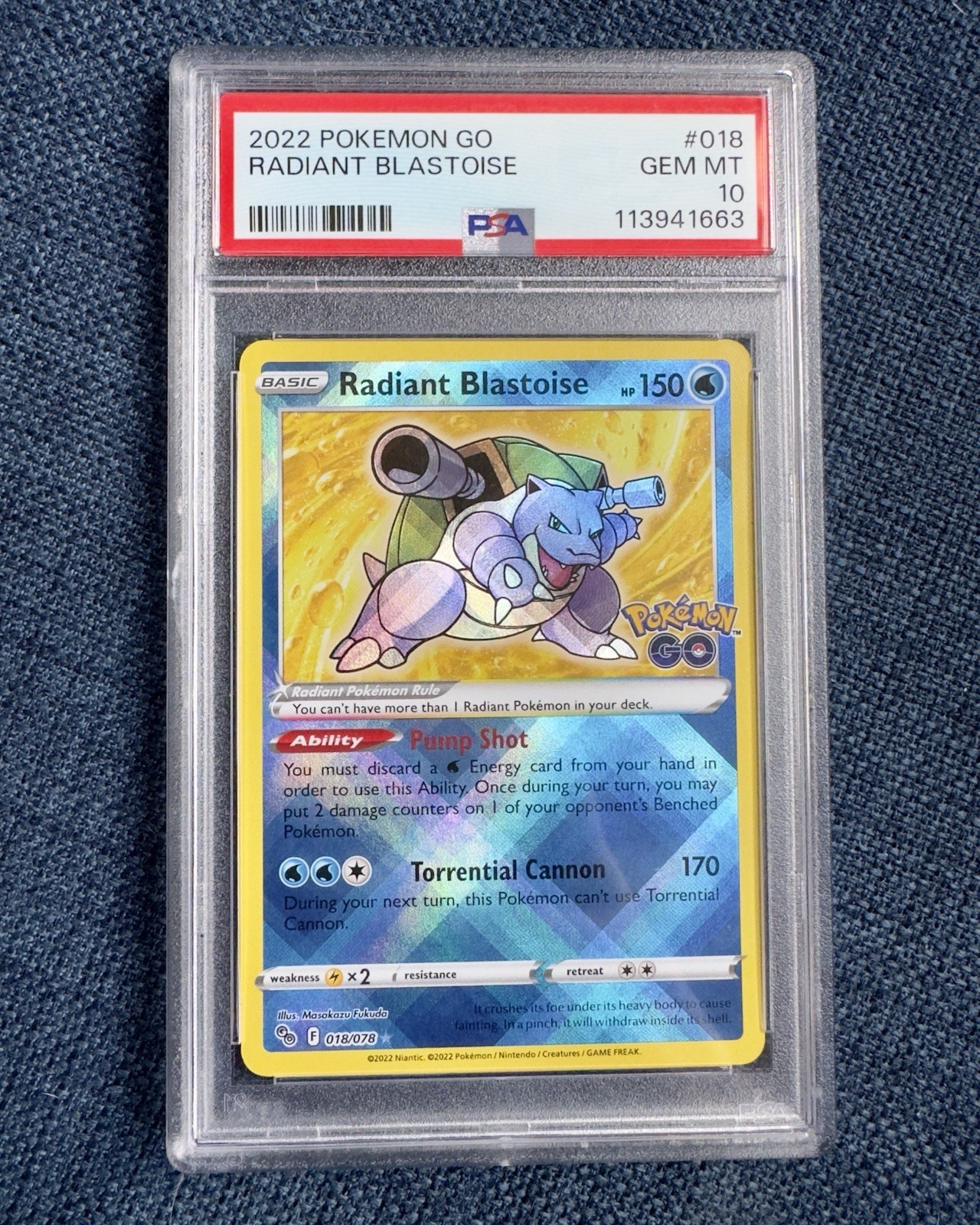 Pokemon GO 2022 Radiant Blastoise 018/078 Holo PSA 10 gemme ottime condizioni