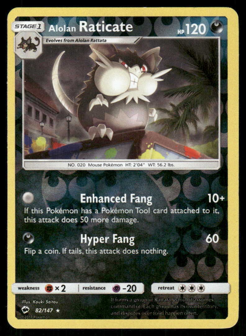 POKEMON ALOLAN RATICATE BURNING SHADOWS 82/147 REVERSE HOLO R LP