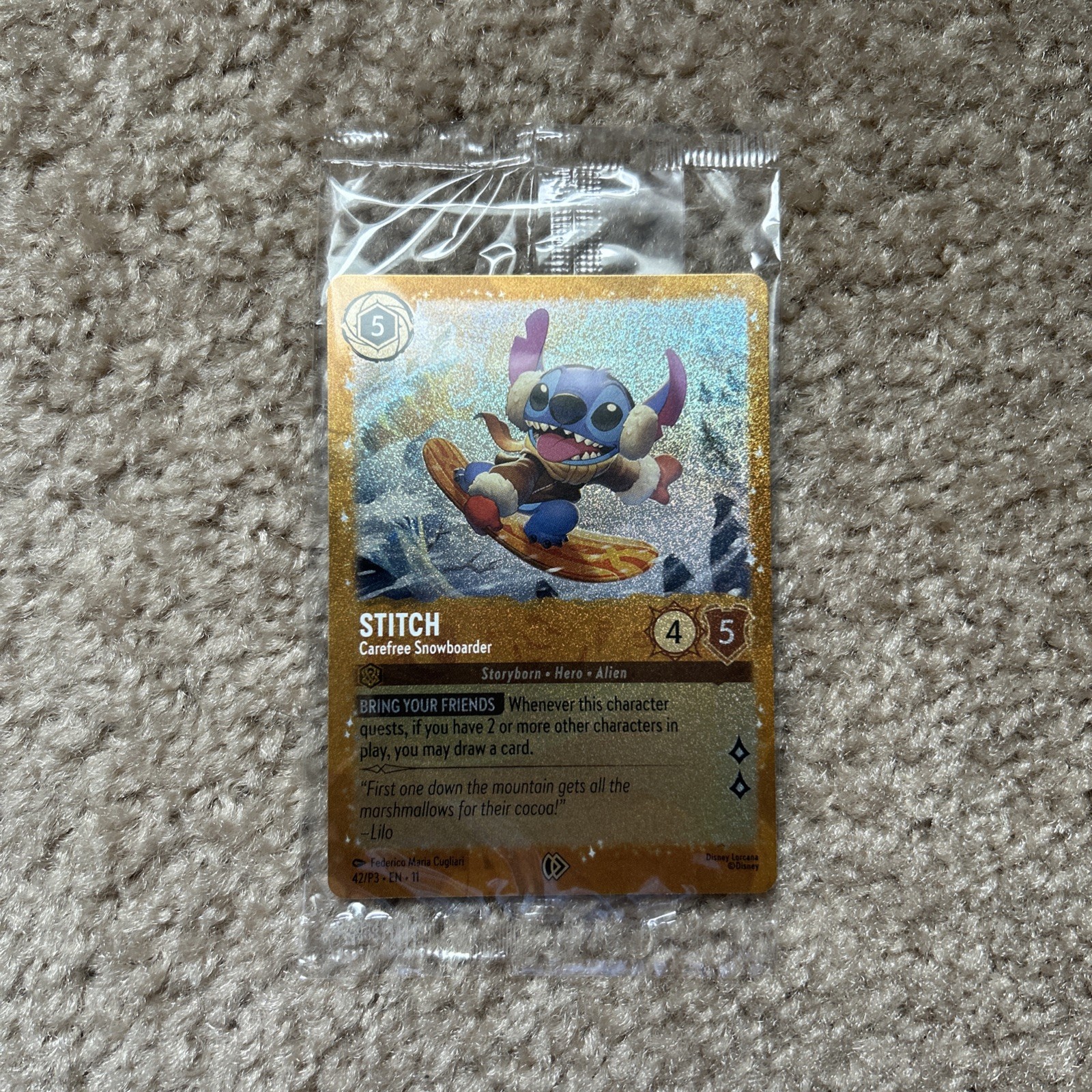 Disney Stitch-Carefree Snowboarder 42/P3 Lorcana Promo Foil SIGILLATO