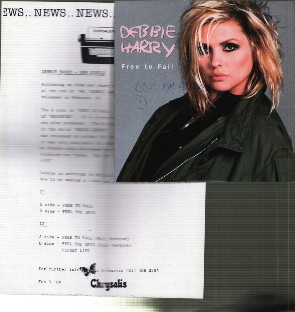Deborah Harry Free To Fall 7" Vinyl UK Chrysalis 1987 7" In Pic Sleeve With A4