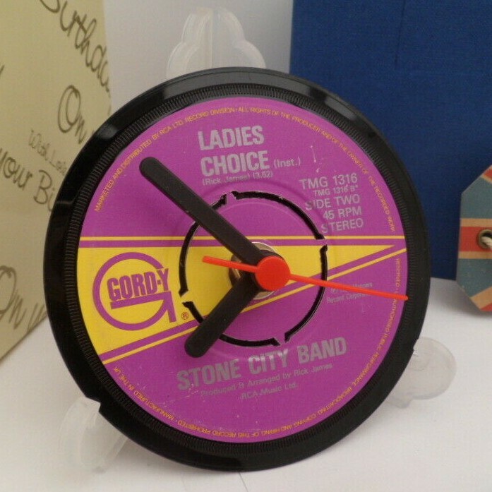 STONE CITY BAND CLOCK Desk Side Table Upcycled Gordy Motown Hit Single Size 4" .