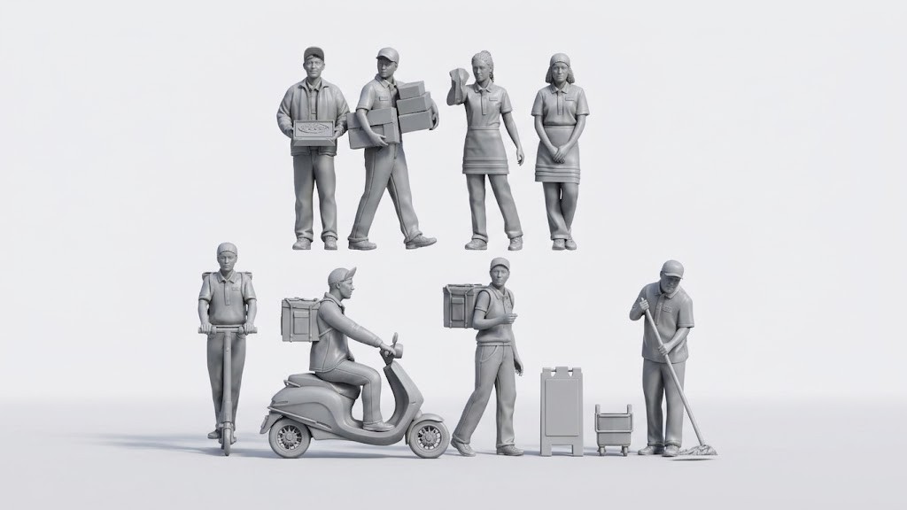 Restaurant Staff Miniatures 3D Printed Delivery Courier Waiter Cleaner Unpainted