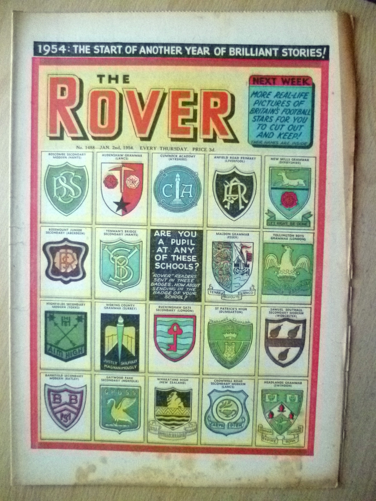 THE ROVER Comic No 1488 Jan 2 1954 School Badges Shields Cover