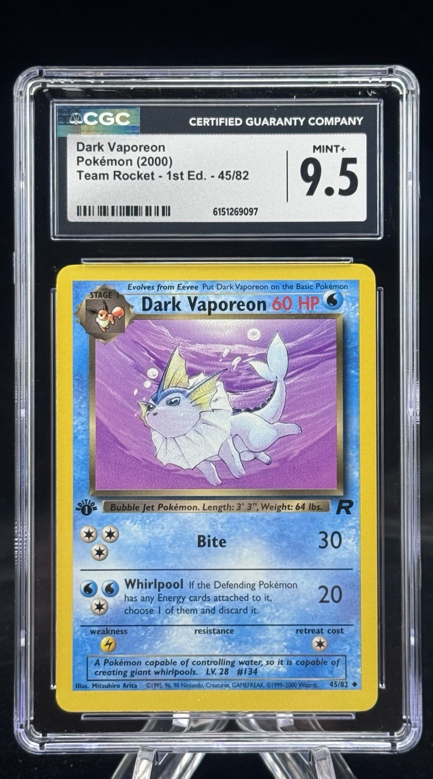 Dark Vaporeon #45 1st Edition Team Rocket 2000 Pokémon CGC 9.5 💦