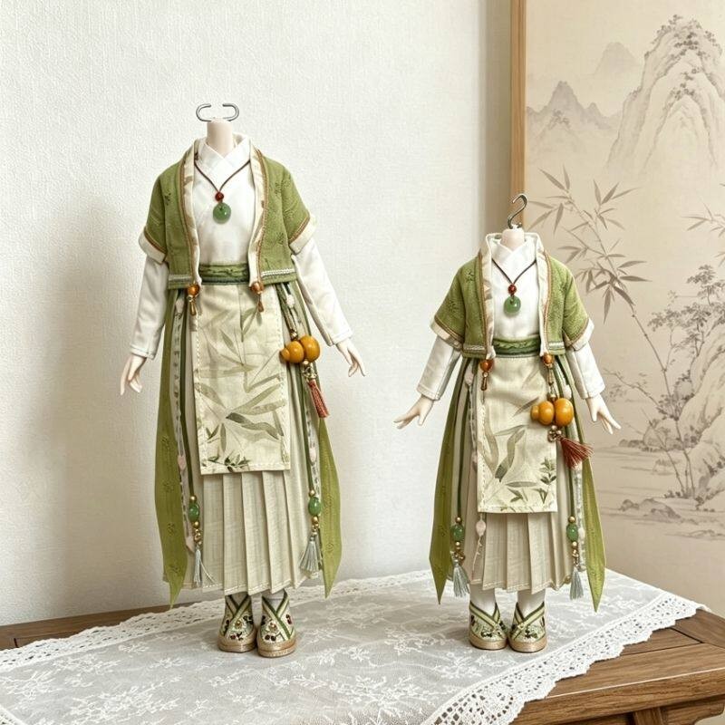 Set vestiti stampa bambù Hanfu antico 1/6/4 con ciondoli zucca adatti action figure